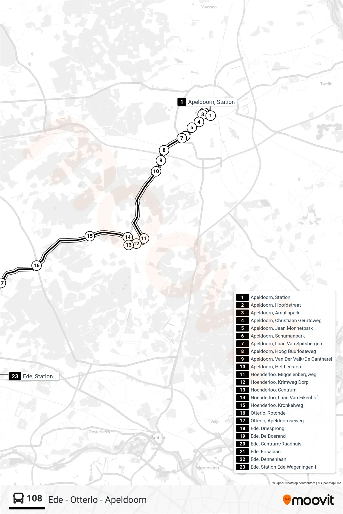 Lijn 108 (bus, Ede Station): route en haltes op de kaart