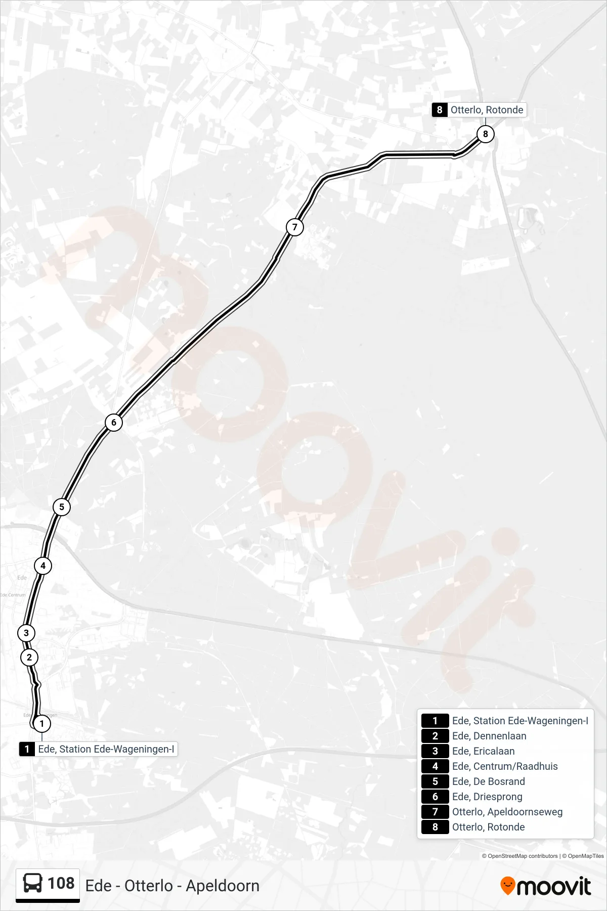 108 bus Line (Otterlo Rotonde) route and stops on a map