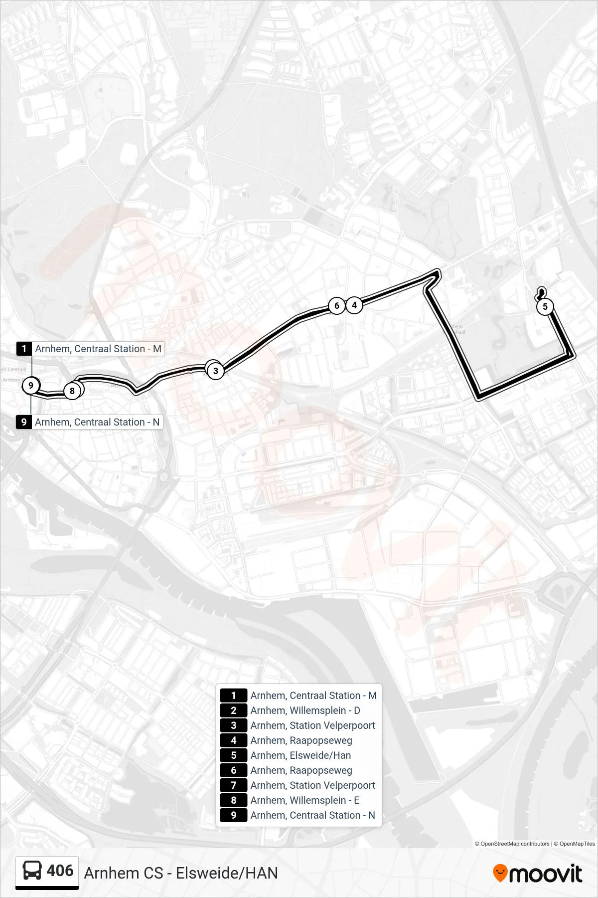 Lijn 406 (bus, Elsweide/Han): route en haltes op de kaart