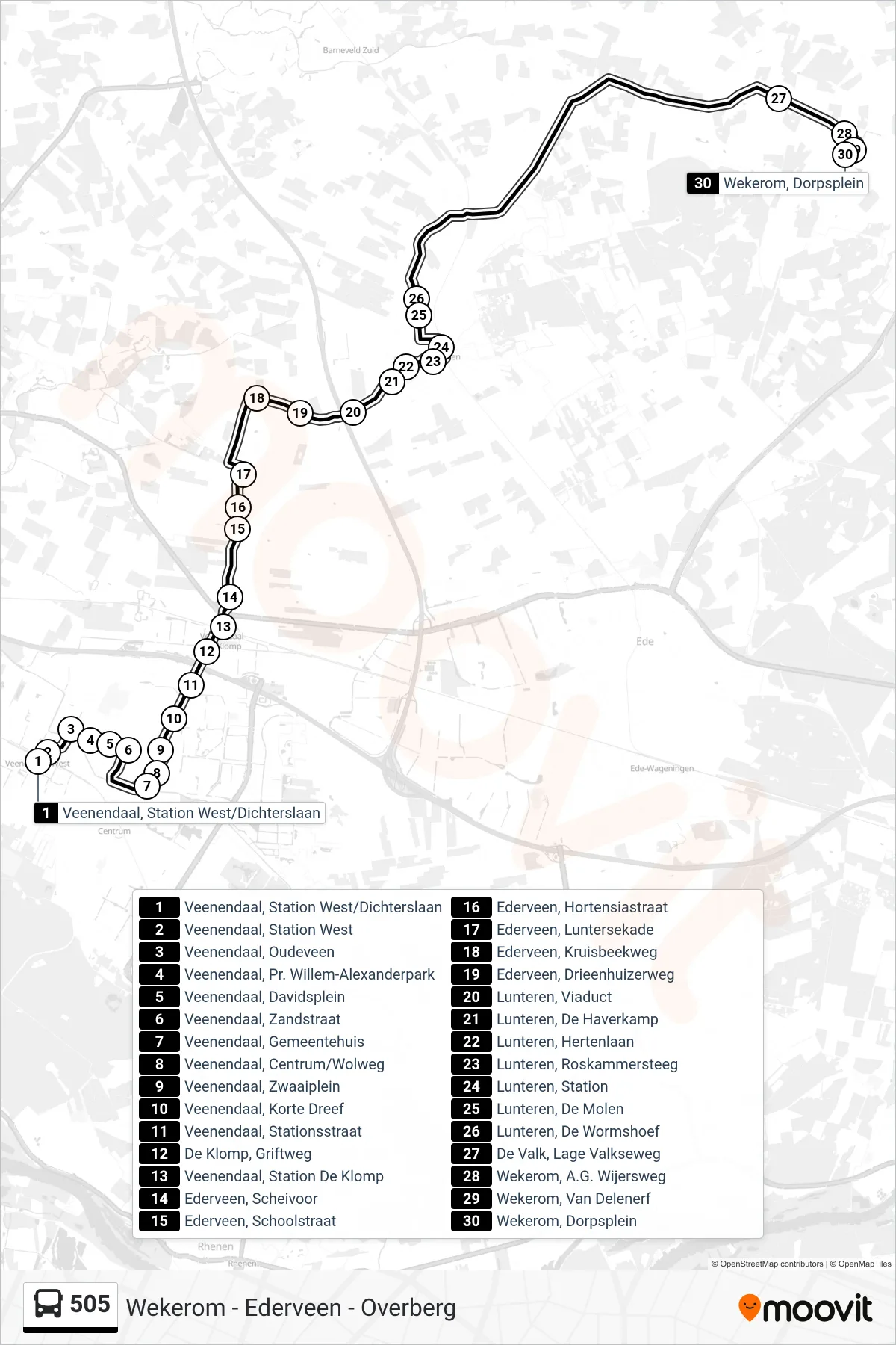 Lijn 505 (bus, Wekerom Dorpsplein): route en haltes op de kaart