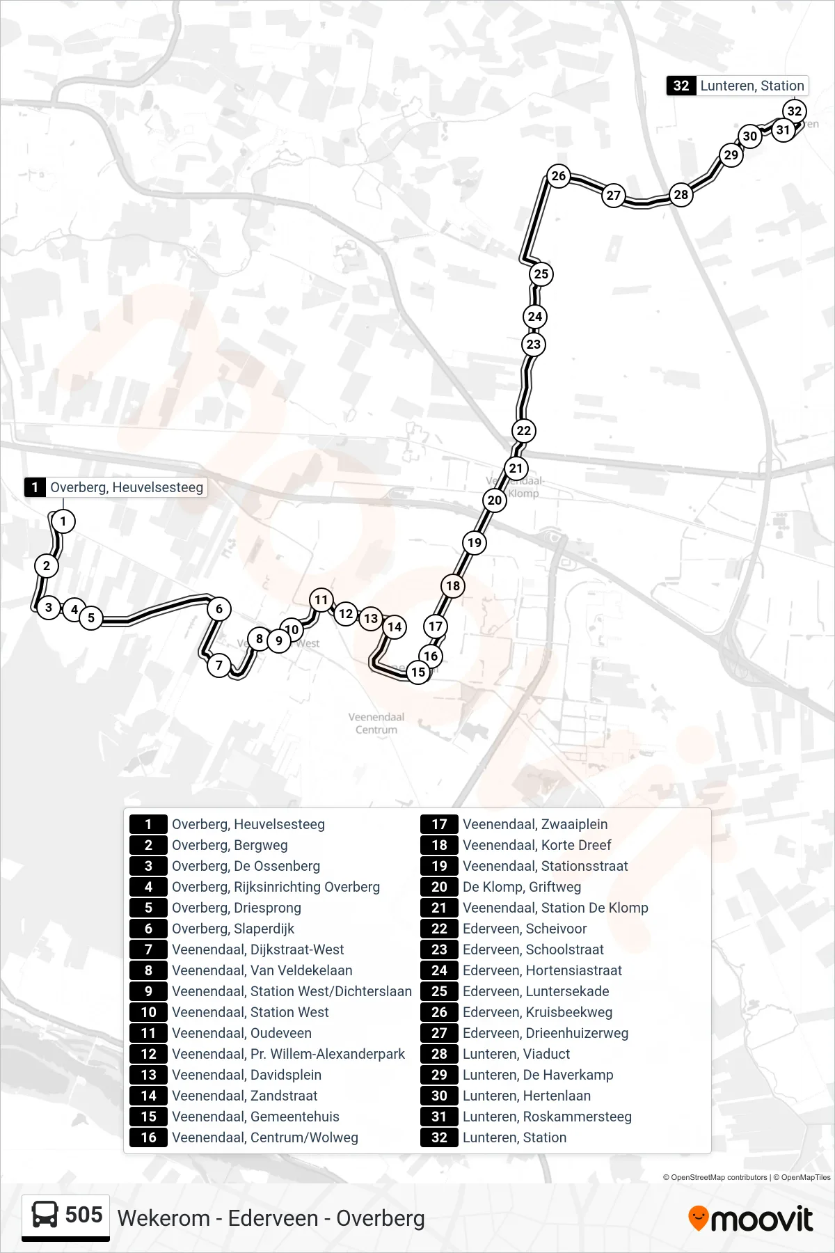 Lijn 505 (bus, Lunteren Station): route en haltes op de kaart
