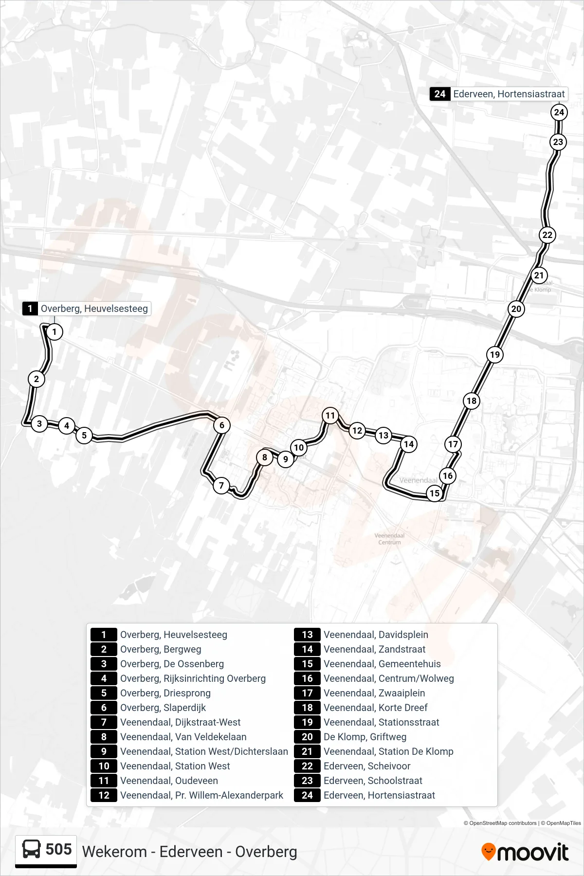 Lijn 505 (bus, Ederveen Hortensiastraat): route en haltes op de kaart