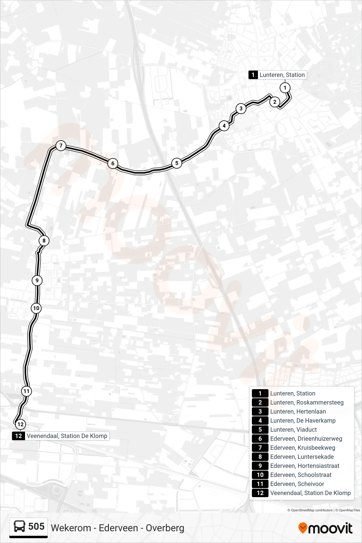 Lijn 505 (bus, Station De Klomp): route en haltes op de kaart