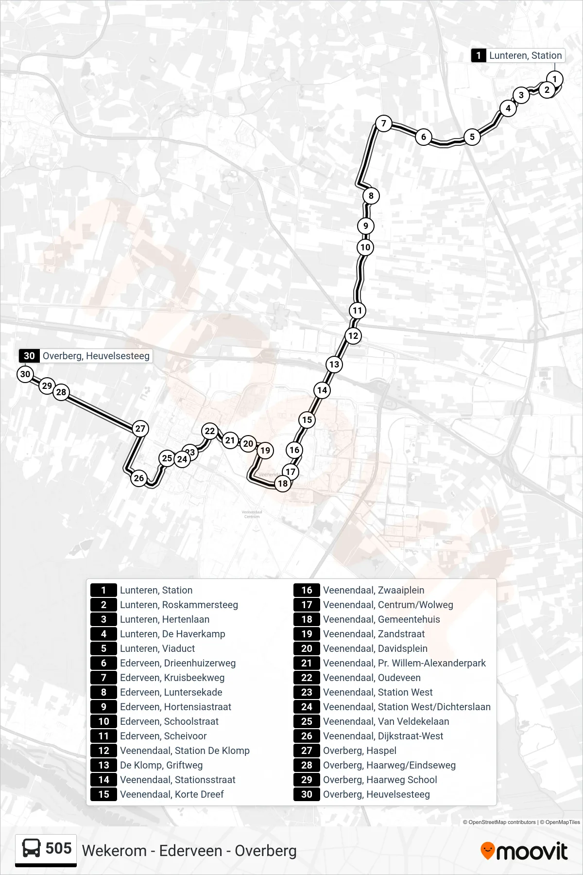 Lijn 505 (bus, Overberg): route en haltes op de kaart