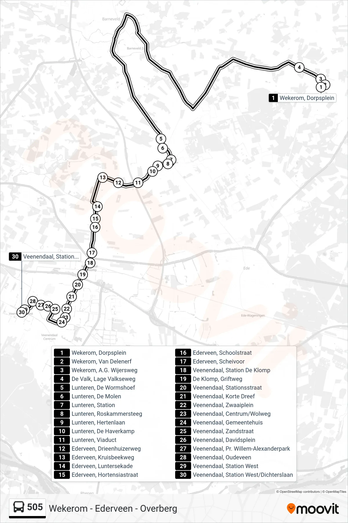 Lijn 505 (bus, Veenendaal West): route en haltes op de kaart
