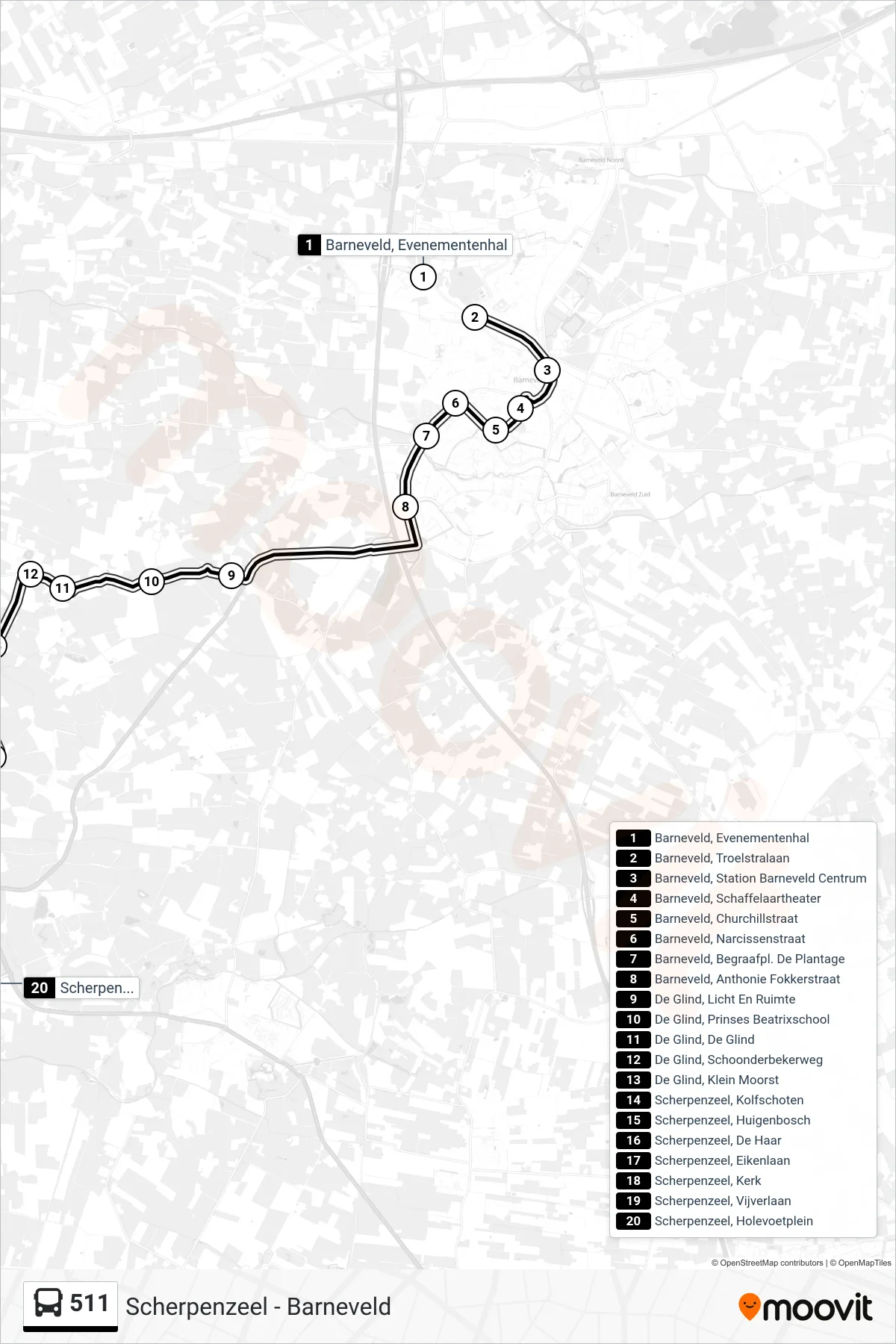 Lijn 511 (bus, Scherpenzeel Holevoetplein): route en haltes op de kaart