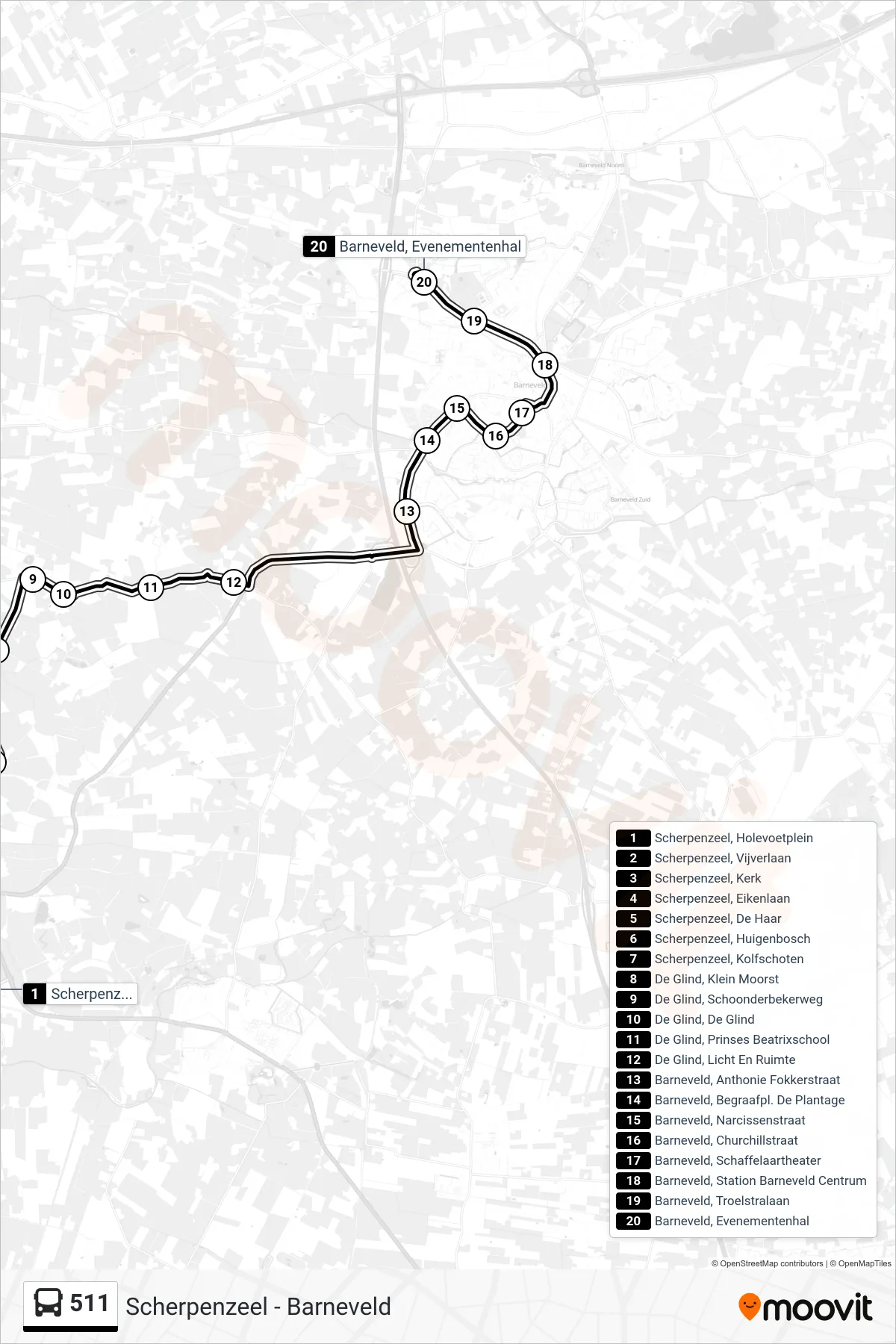 Lijn 511 (bus, Barneveld Evenementenhal): route en haltes op de kaart