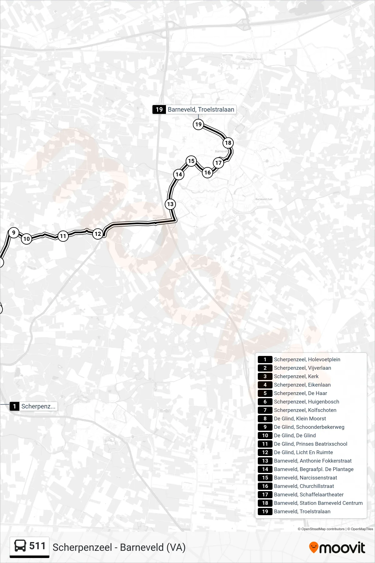 Lijn 511 (bus, Reserveerrrreis): route en haltes op de kaart