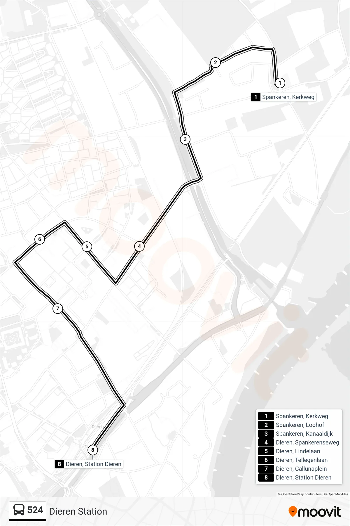 Lijn 524 (bus, Dieren Station): route en haltes op de kaart