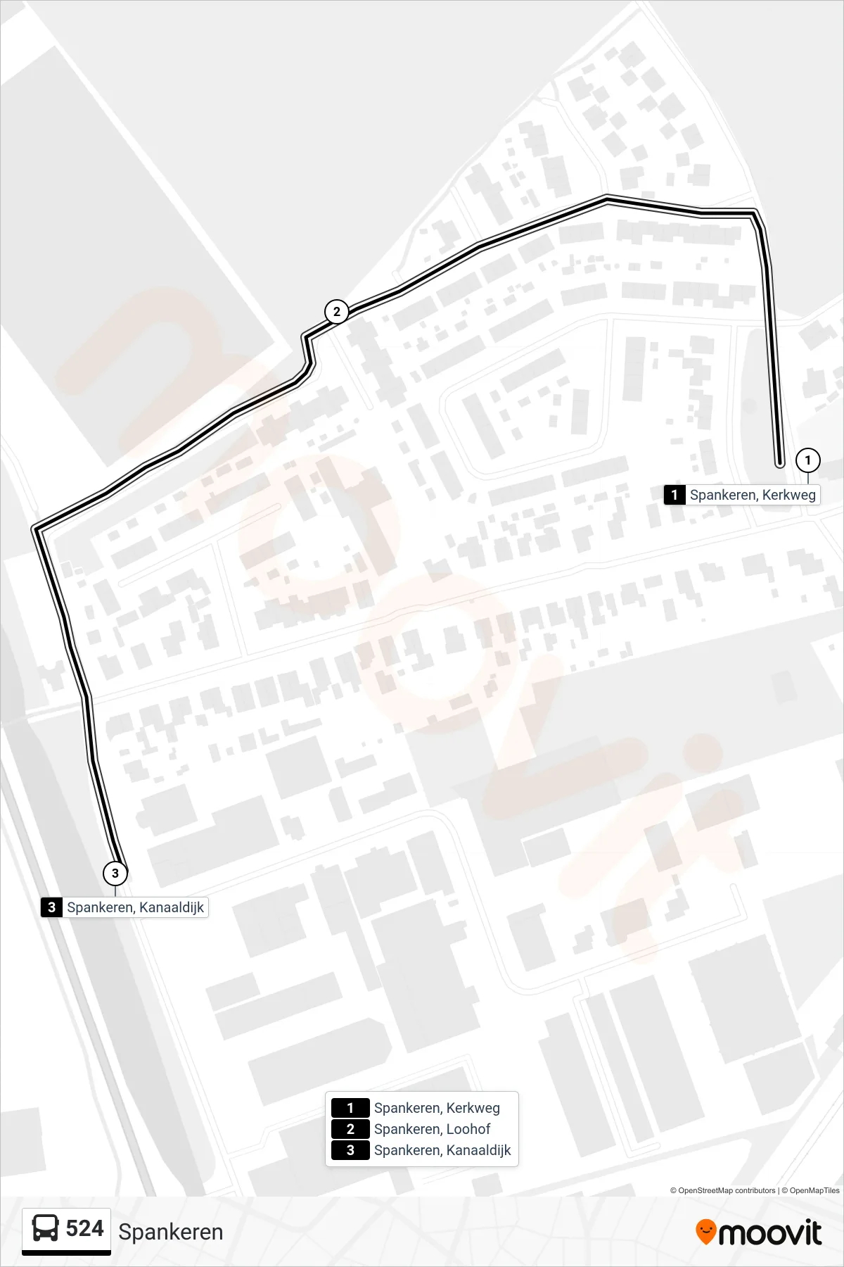 524 bus Line (Spankeren) route and stops on a map