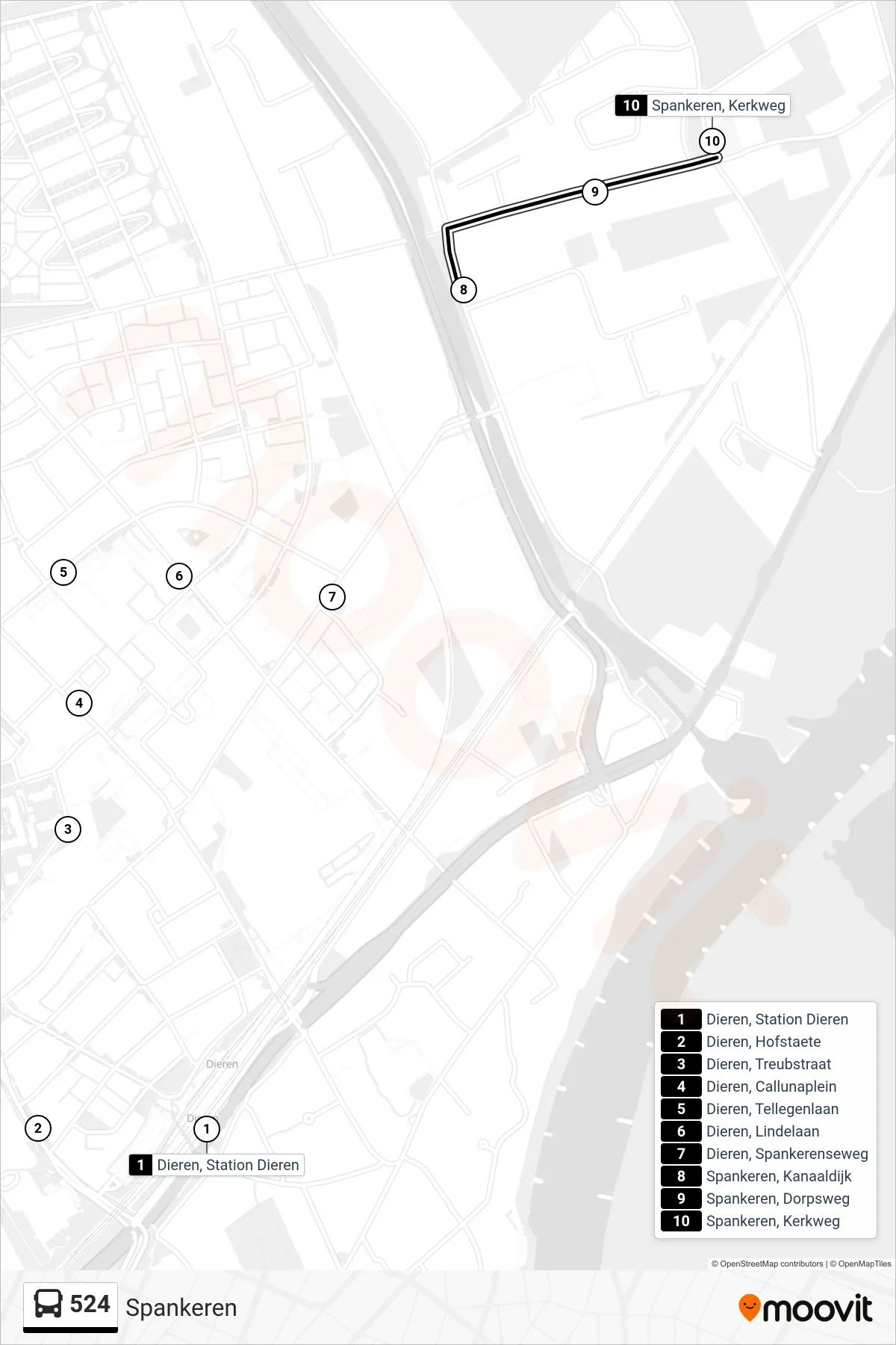 Lijn 524 (bus, Spankeren): route en haltes op de kaart
