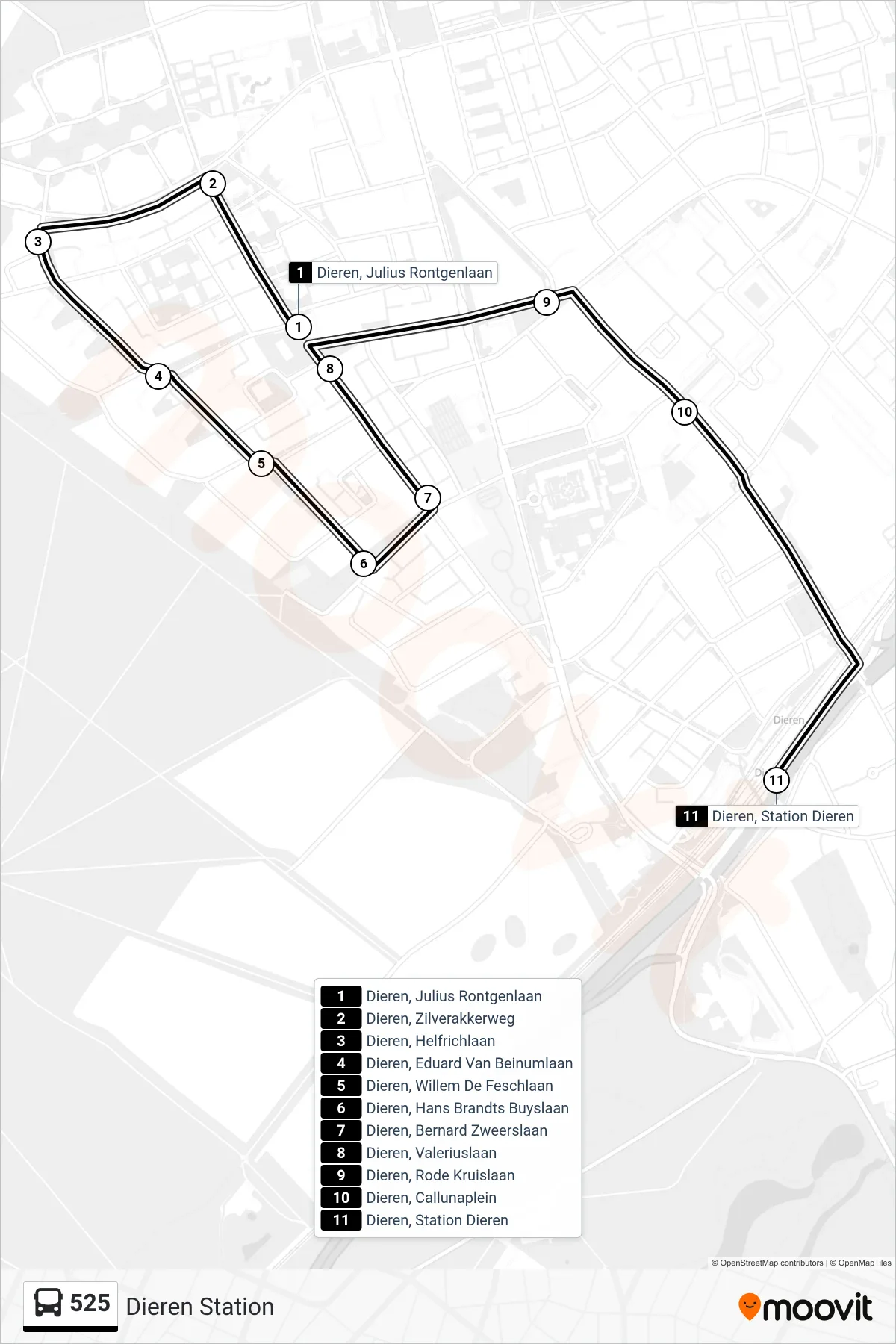 Lijn 525 (bus, Dieren Station): route en haltes op de kaart