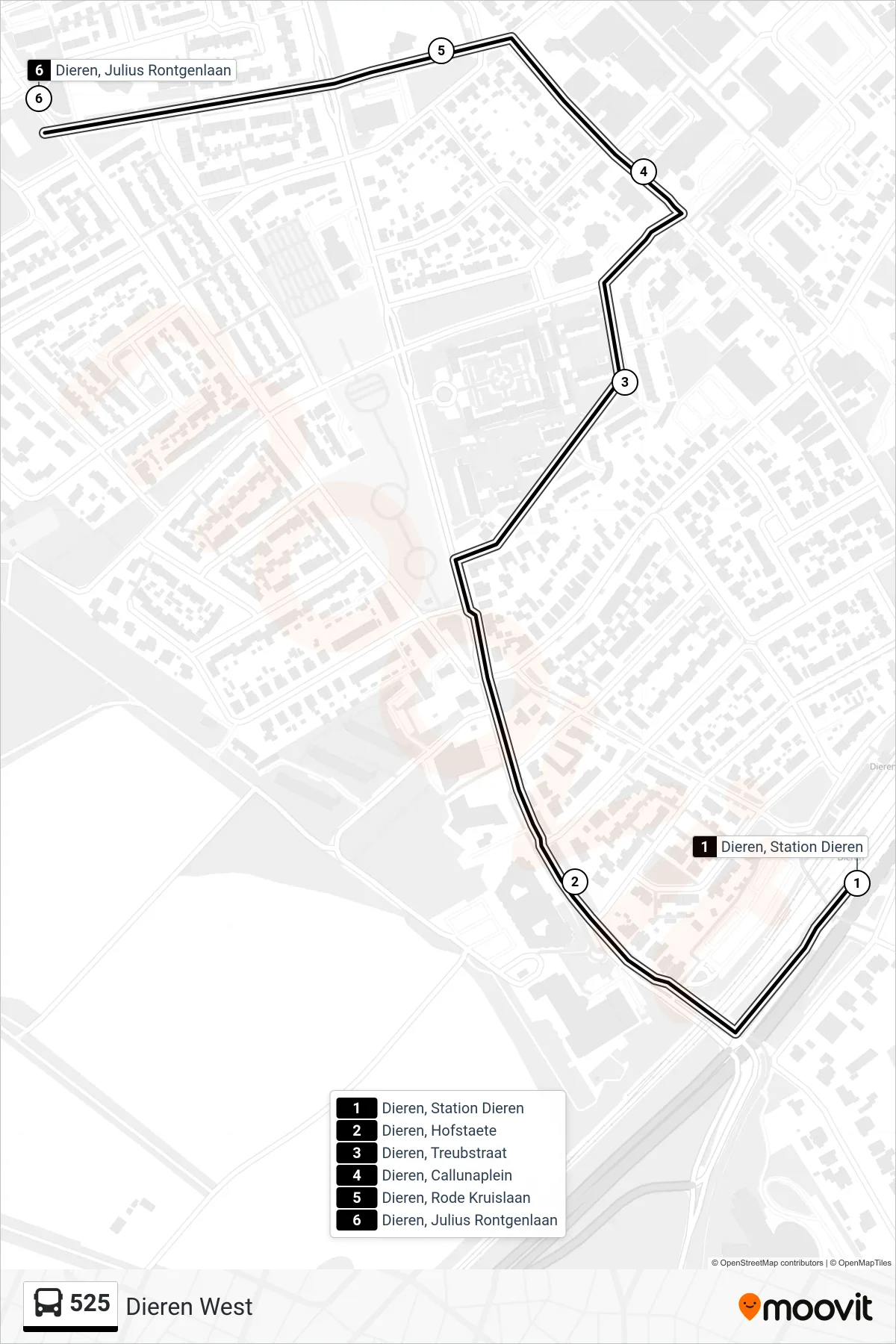 525 bus Line (Dieren West) route and stops on a map