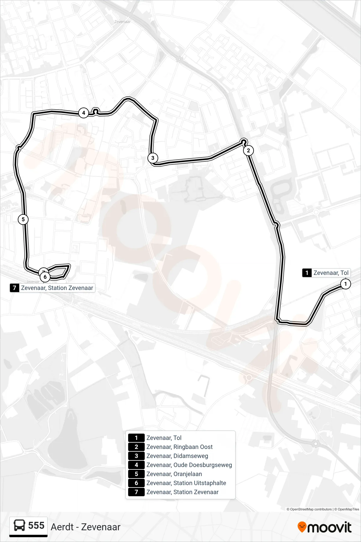 555 bus Line (Zevenaar Station) route and stops on a map