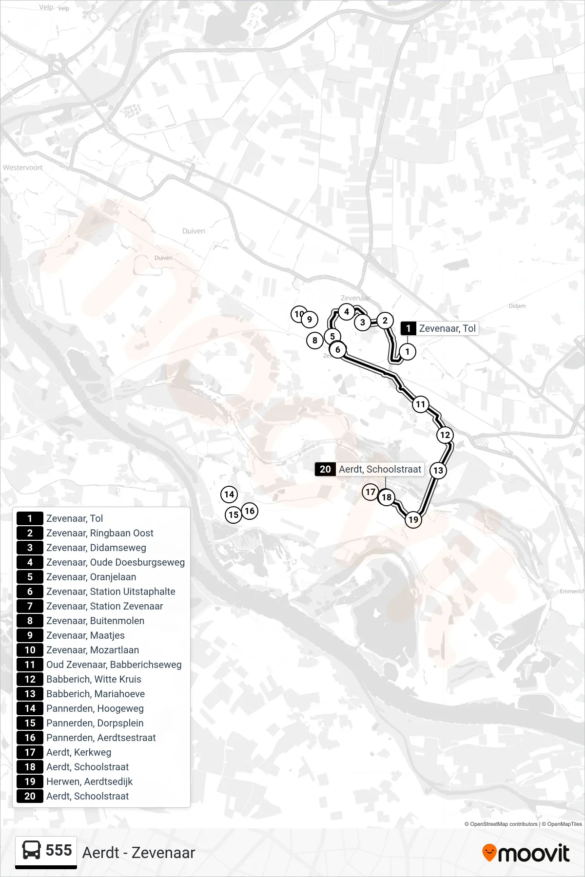 555 bus Line (Aerdt) route and stops on a map