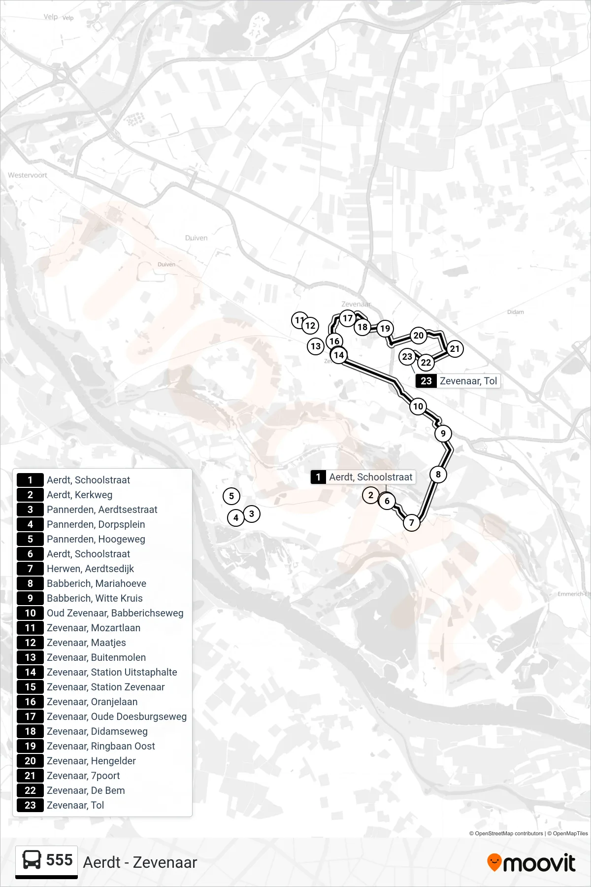 Lijn 555 (bus, Zevenaar Tol): route en haltes op de kaart
