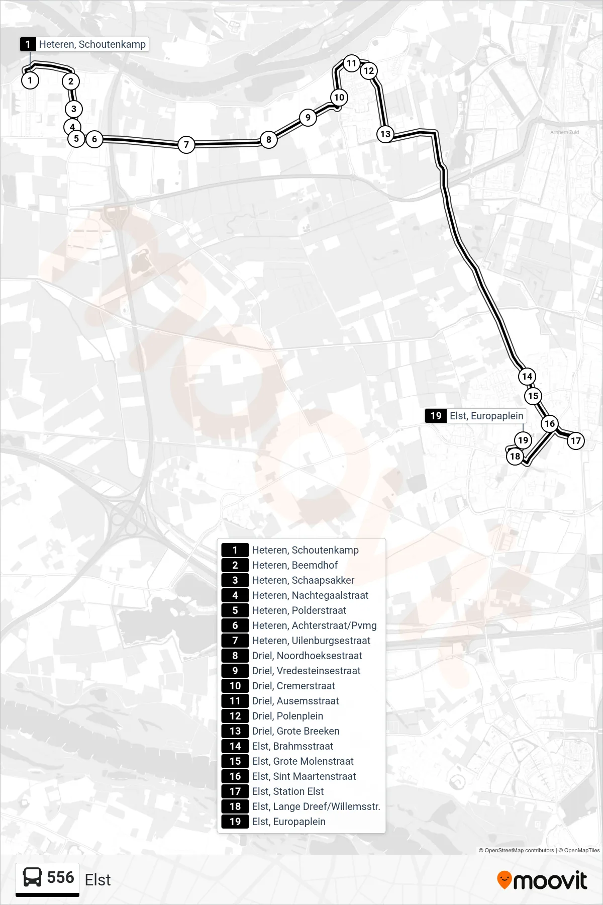 Lijn 556 (bus, Elst): route en haltes op de kaart