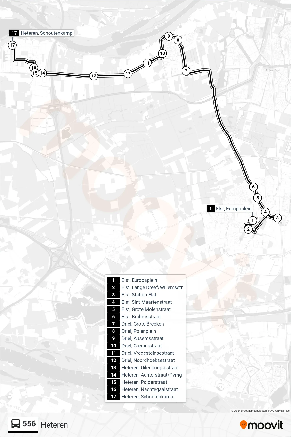 556 bus Line (Heteren) route and stops on a map