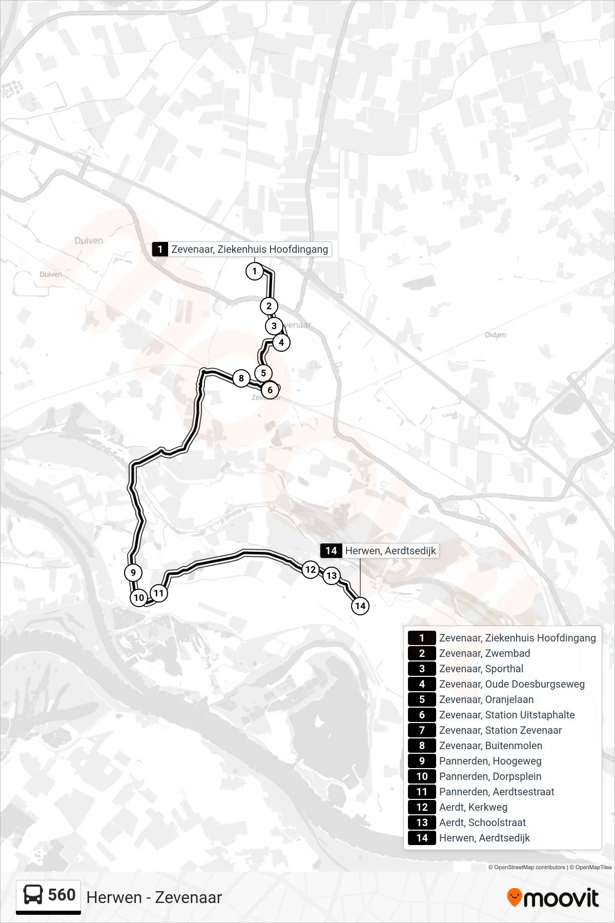 Lijn 560 (bus, Herwen): route en haltes op de kaart