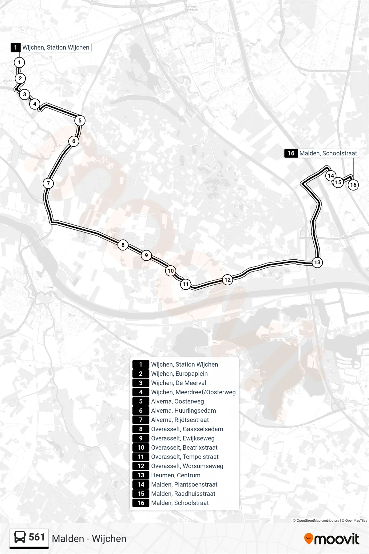 Lijn 561 (bus, Malden): route en haltes op de kaart
