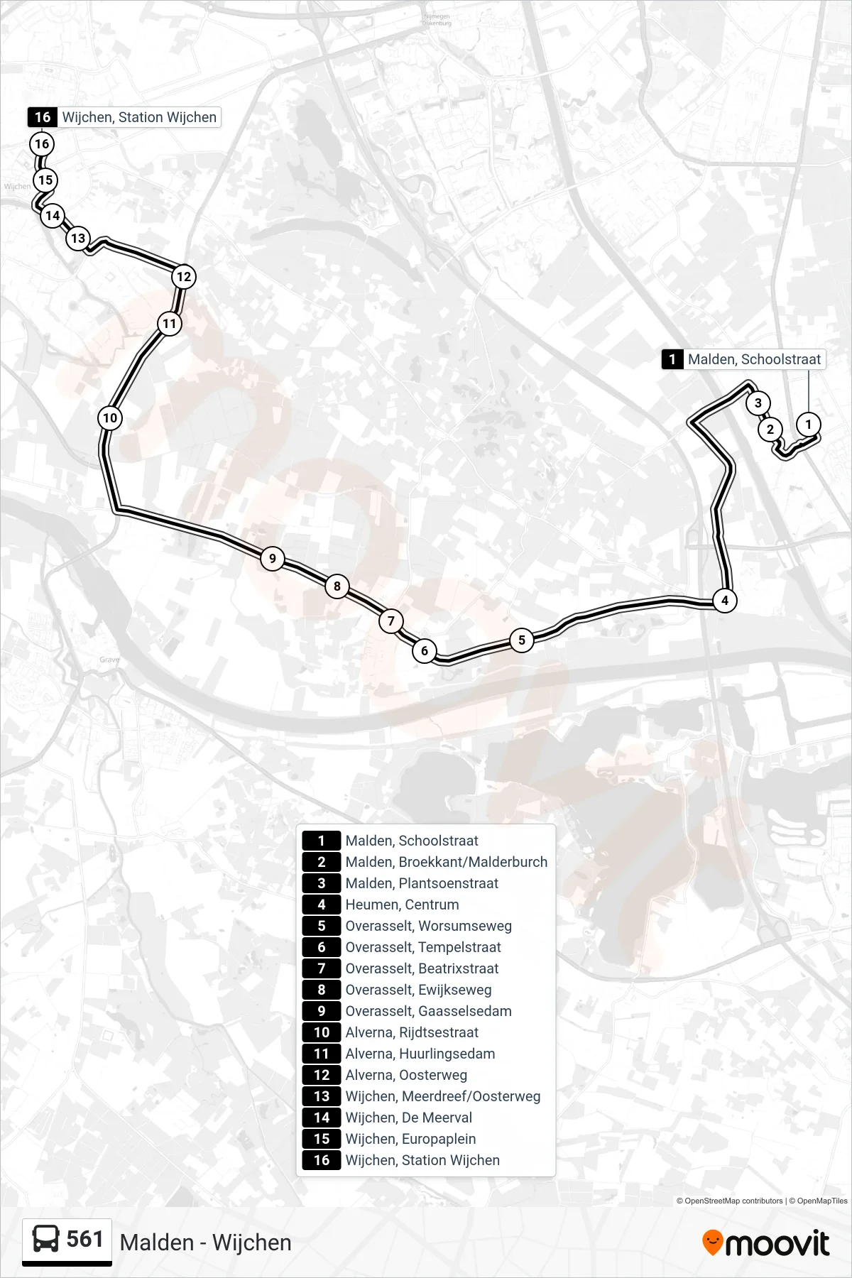 Lijn 561 (bus, Wijchen Station): route en haltes op de kaart