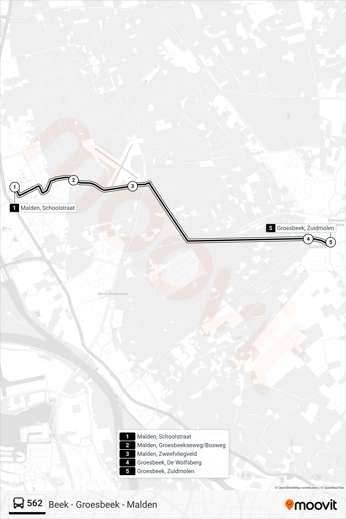 562 bus Line (Groesbeek Zuidmolen) route and stops on a map