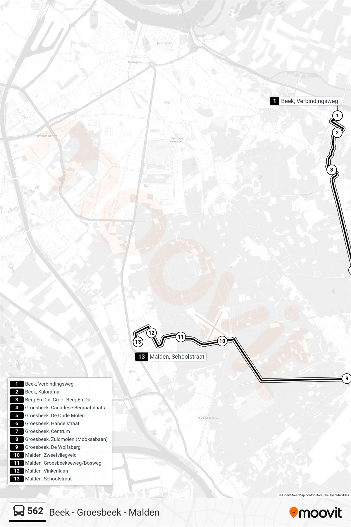 Lijn 562 (bus, Malden): route en haltes op de kaart