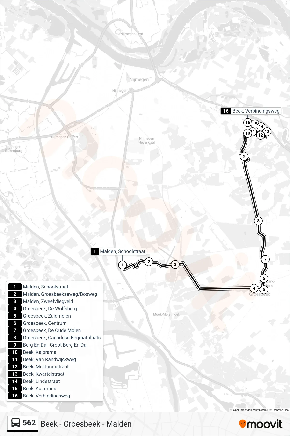 Lijn 562 (bus, Beek): route en haltes op de kaart