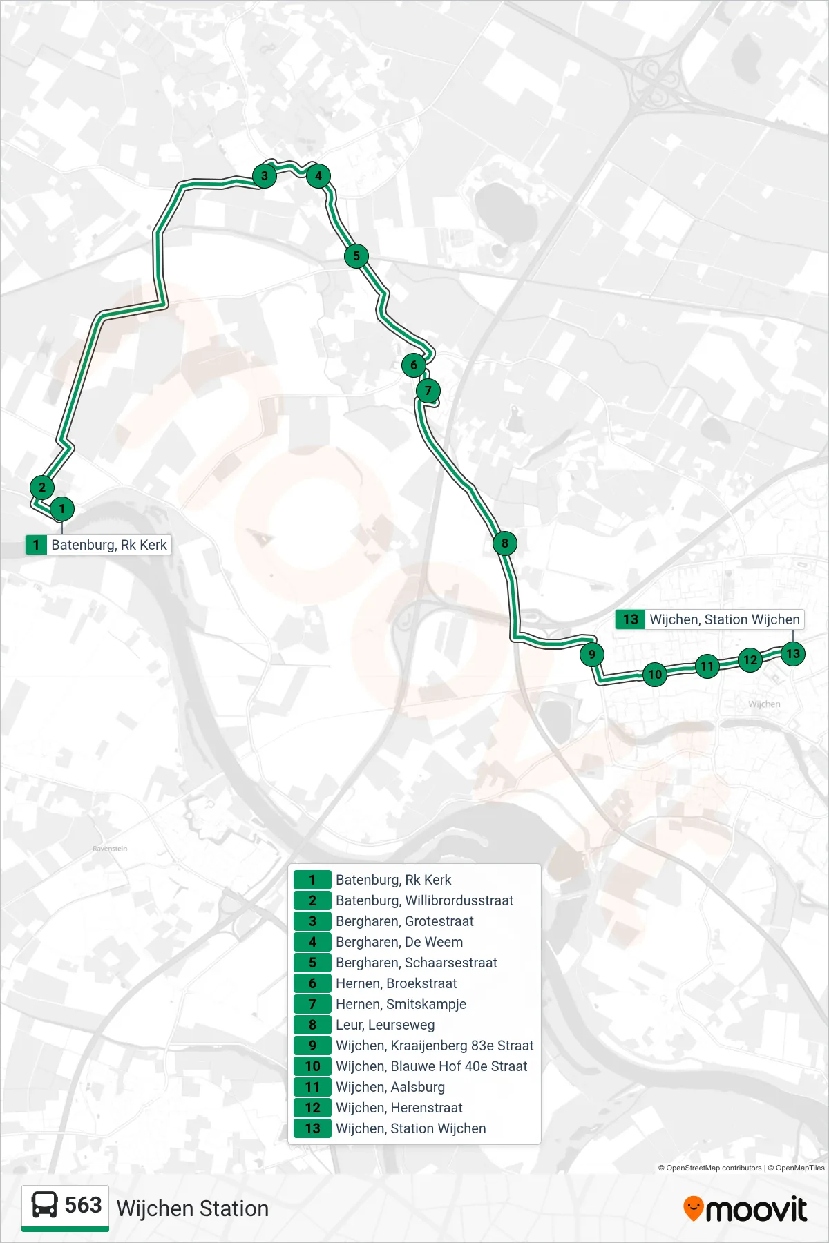 Lijn 563 (bus, Wijchen Station): route en haltes op de kaart