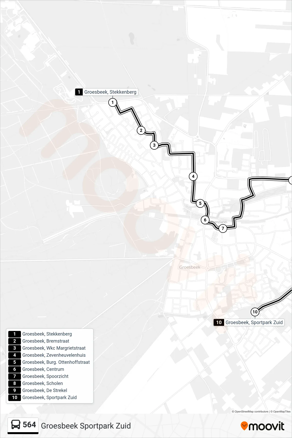 Lijn 564 (bus, Groesbeek Sportpark Zuid): route en haltes op de kaart