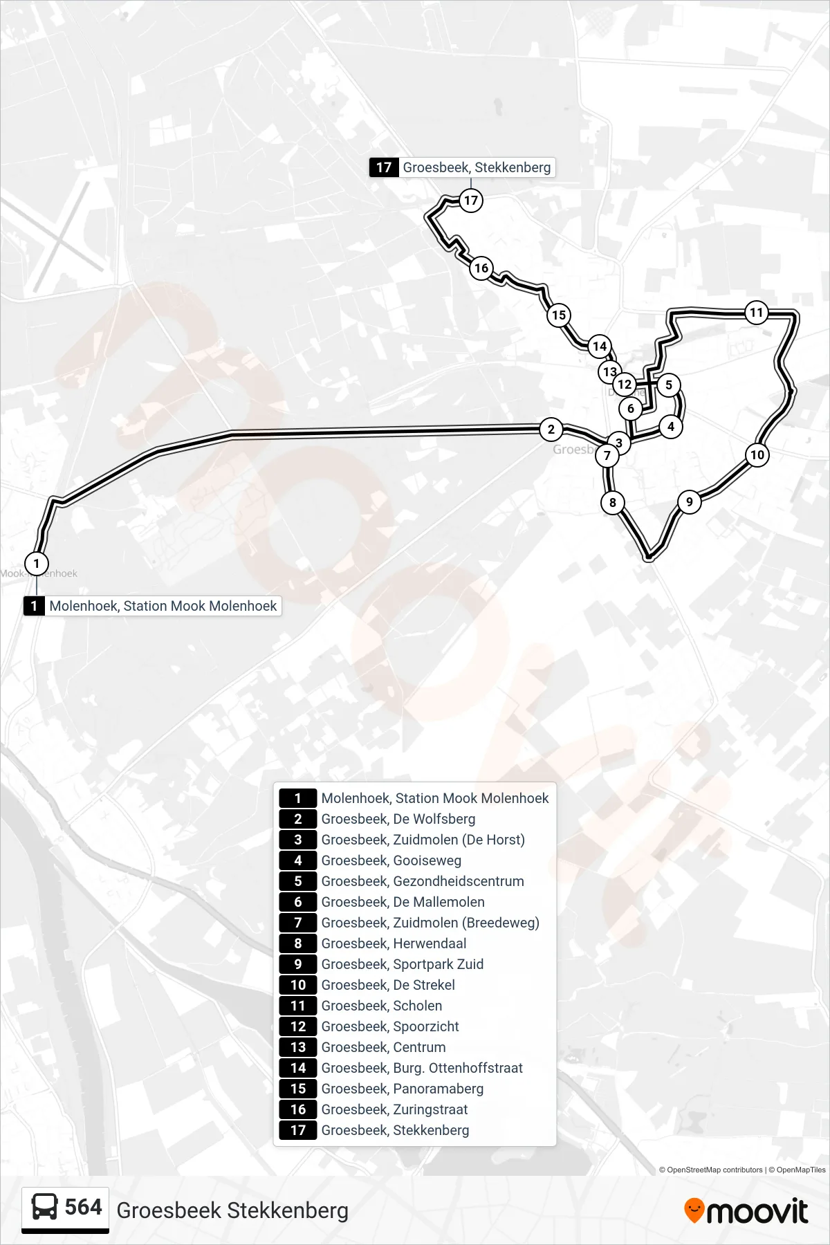 564 bus Line (Groesbeek Stekkenberg) route and stops on a map