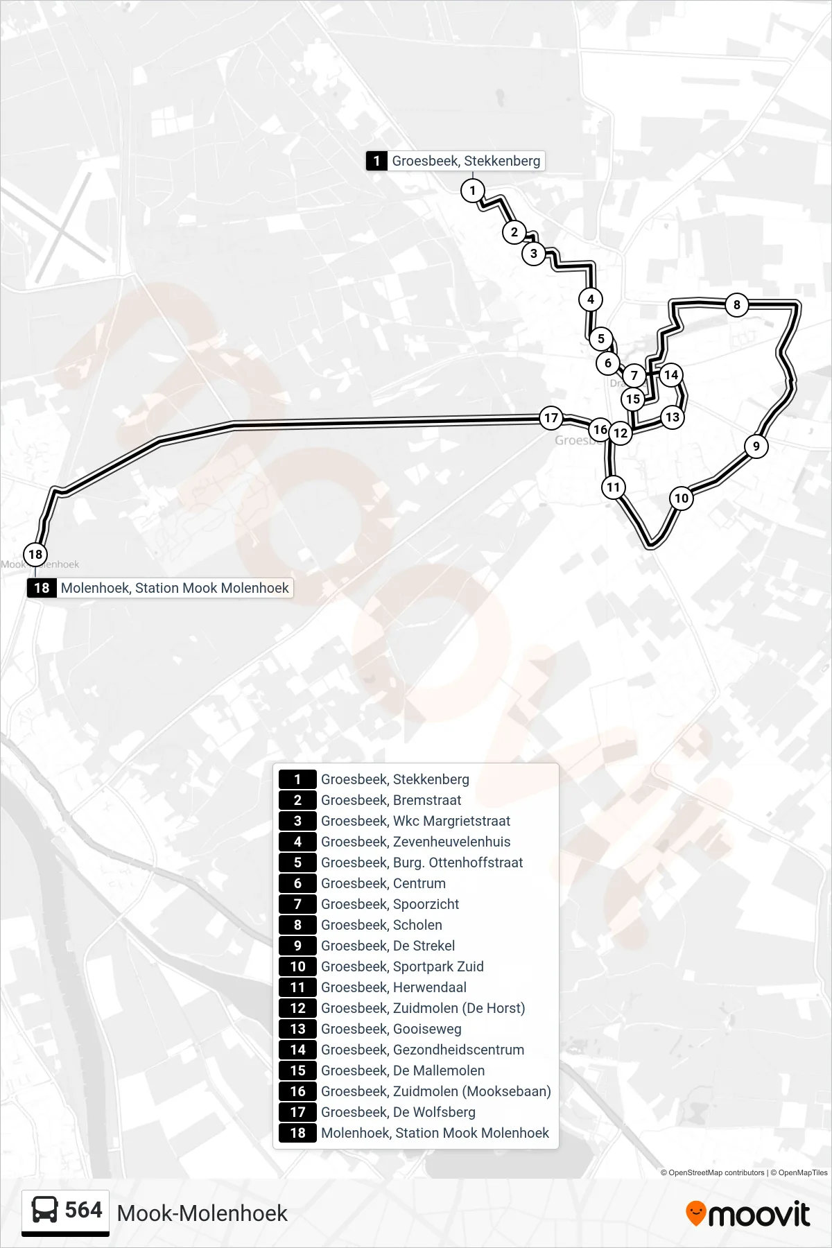 Lijn 564 (bus, Mook-Molenhoek): route en haltes op de kaart