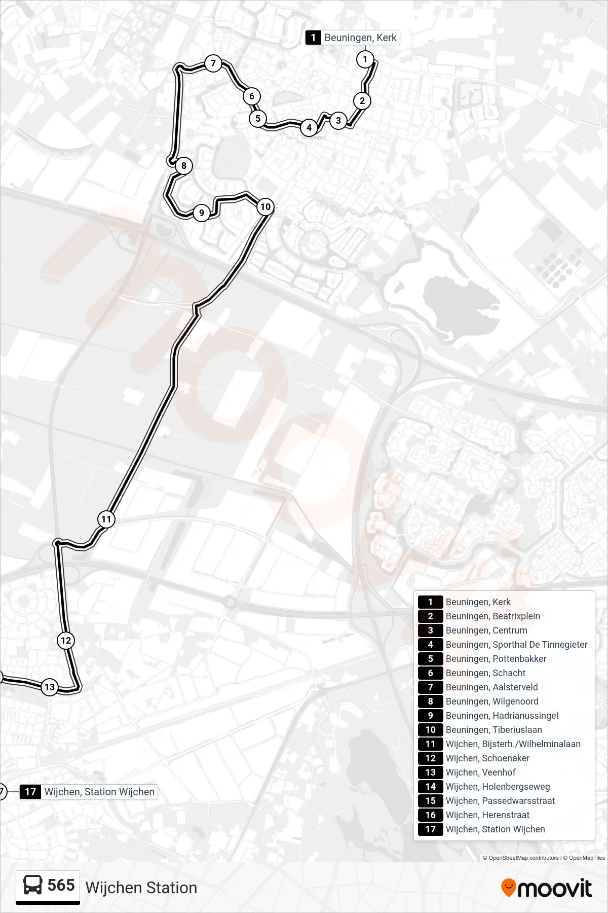 Lijn 565 (bus, Wijchen Station): route en haltes op de kaart