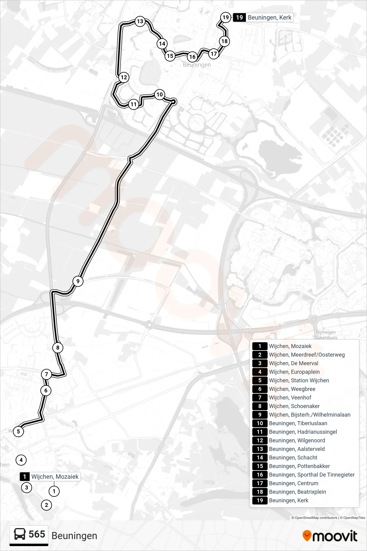 Lijn 565 (bus, Beuningen): route en haltes op de kaart