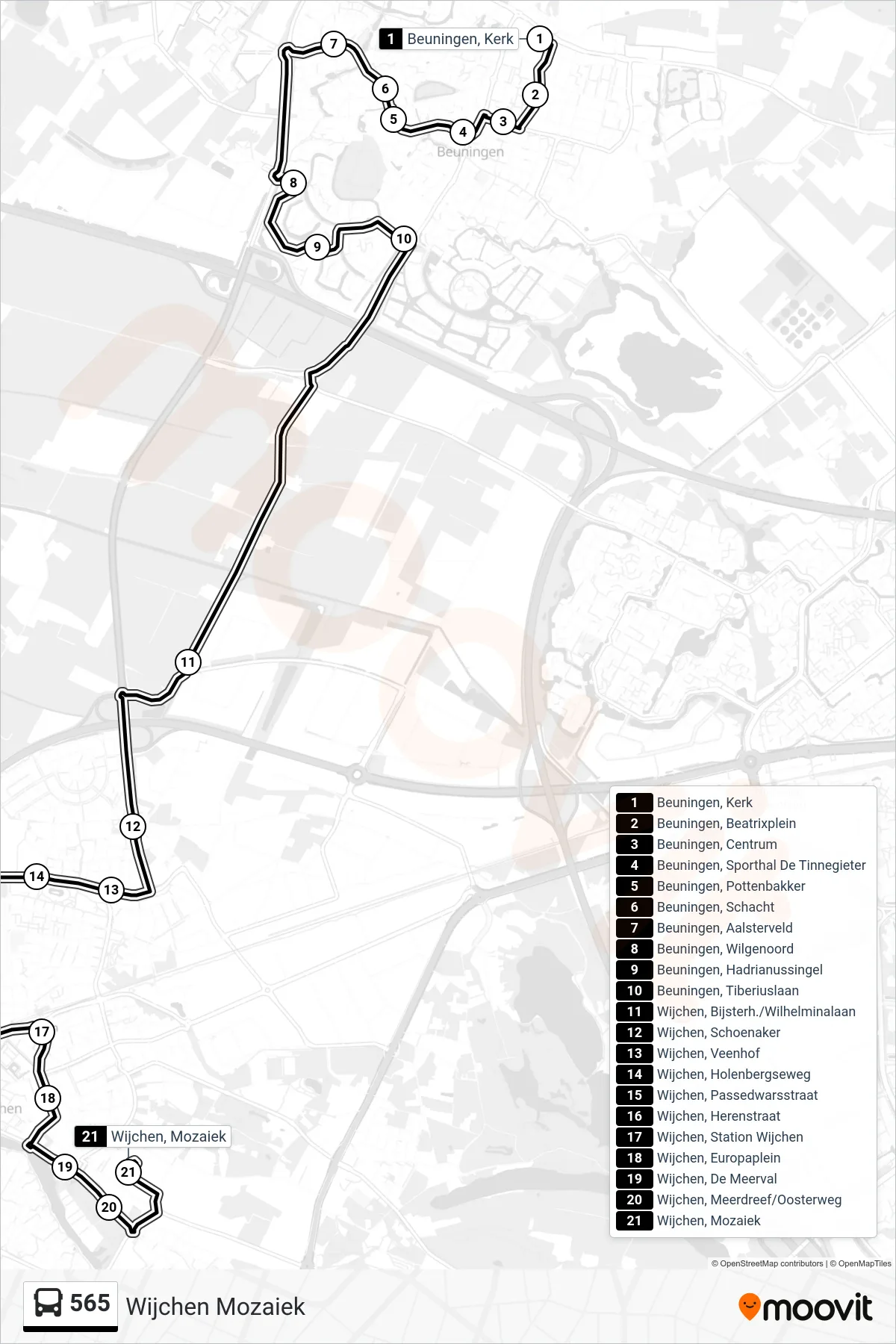 565 bus Line (Wijchen Mozaiek) route and stops on a map
