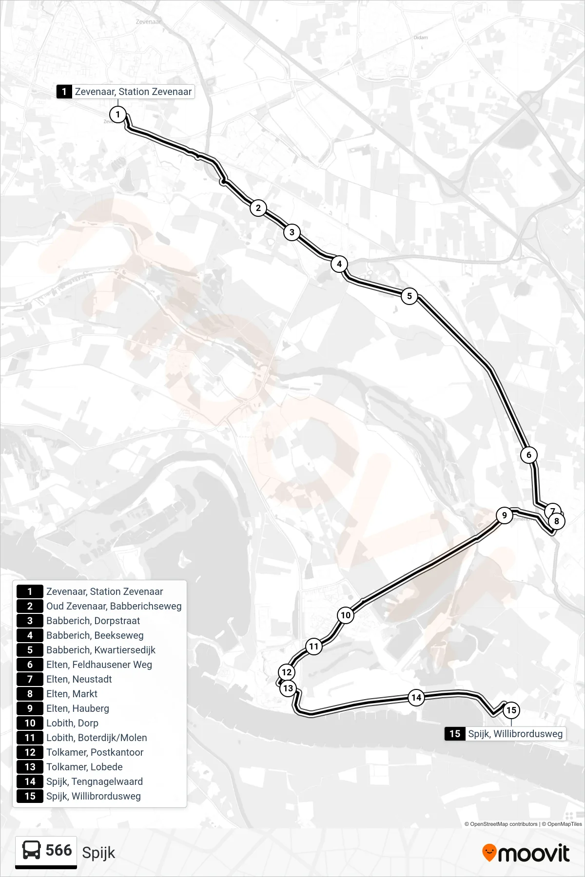 Lijn 566 (bus, Spijk): route en haltes op de kaart