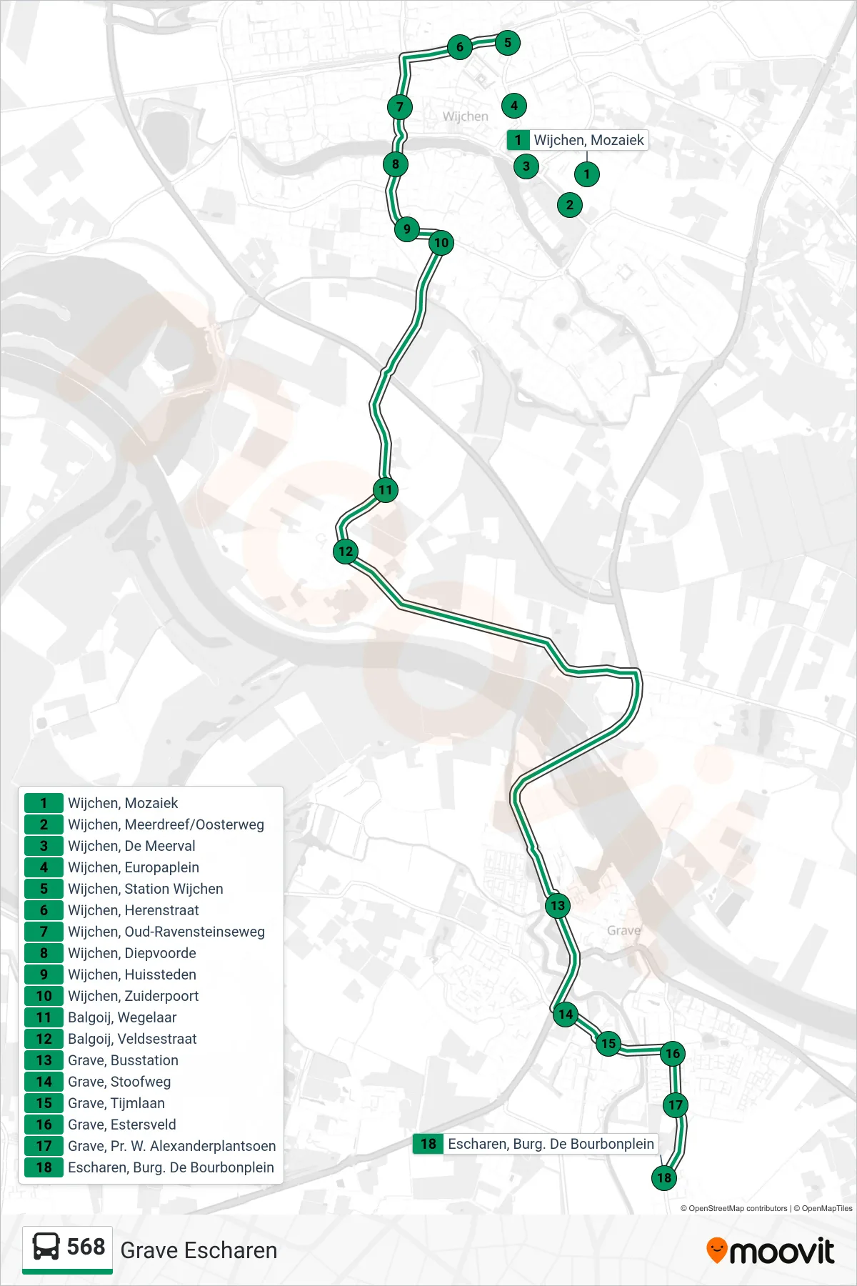 568 bus Line (Grave Escharen) route and stops on a map