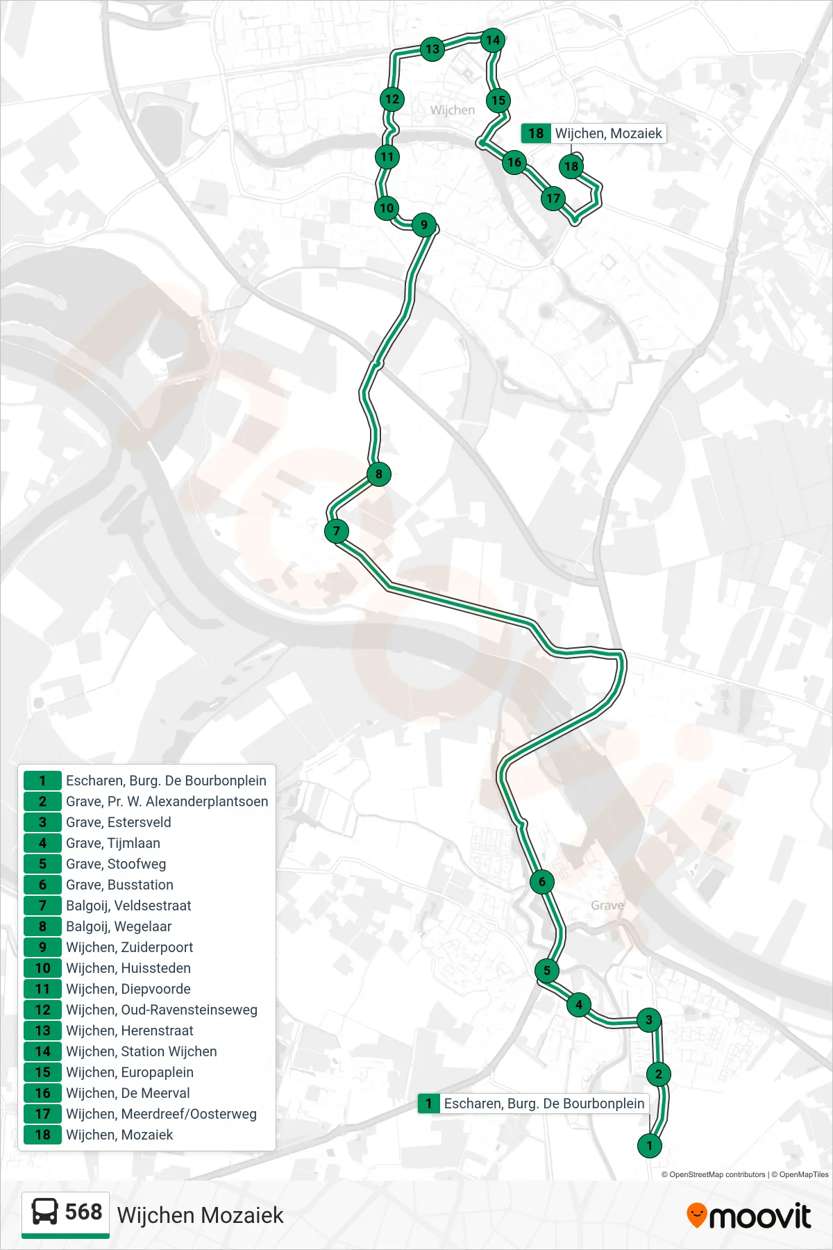 Lijn 568 (bus, Wijchen Mozaiek): route en haltes op de kaart