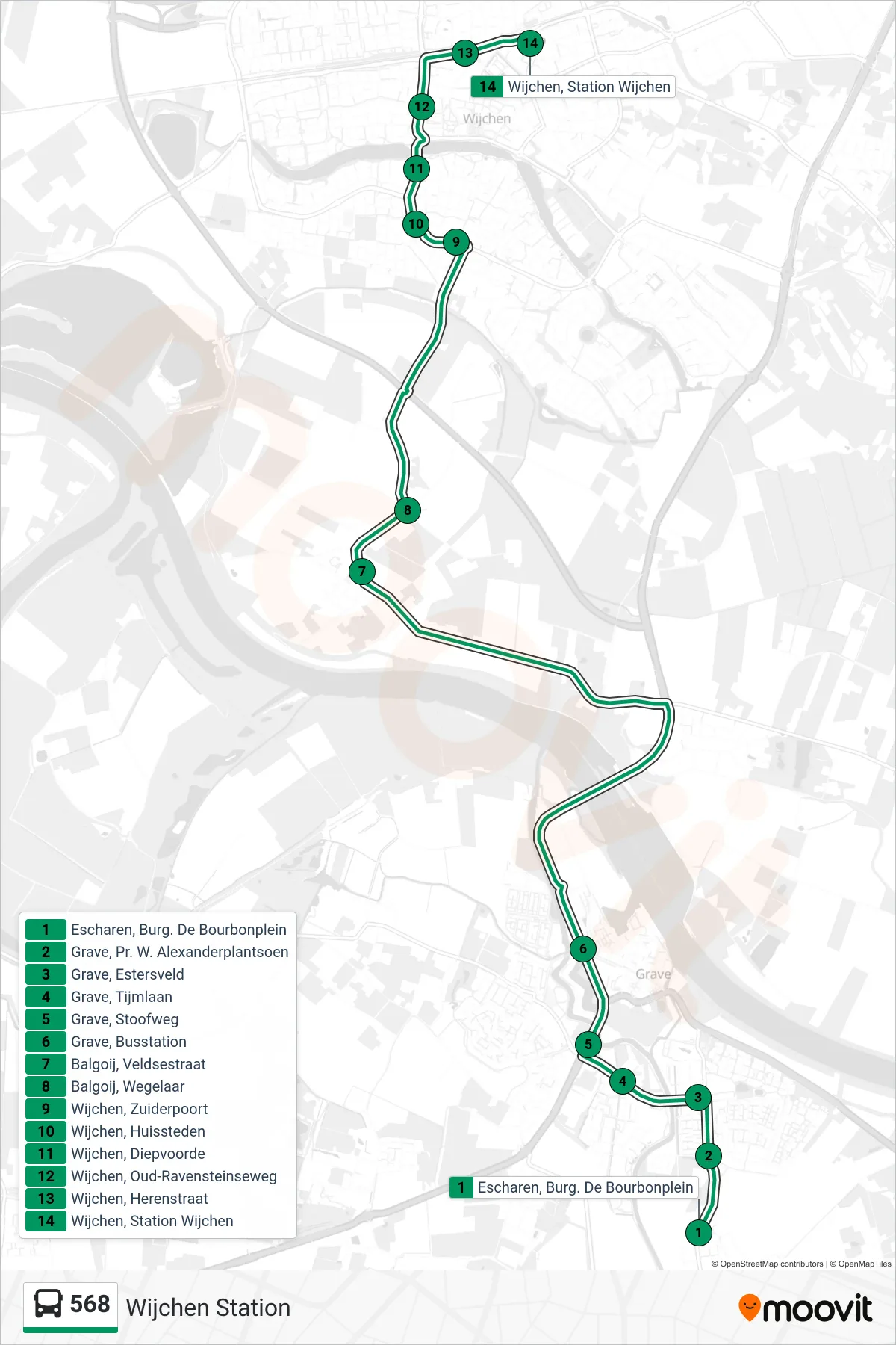 Lijn 568 (bus, Wijchen Station): route en haltes op de kaart