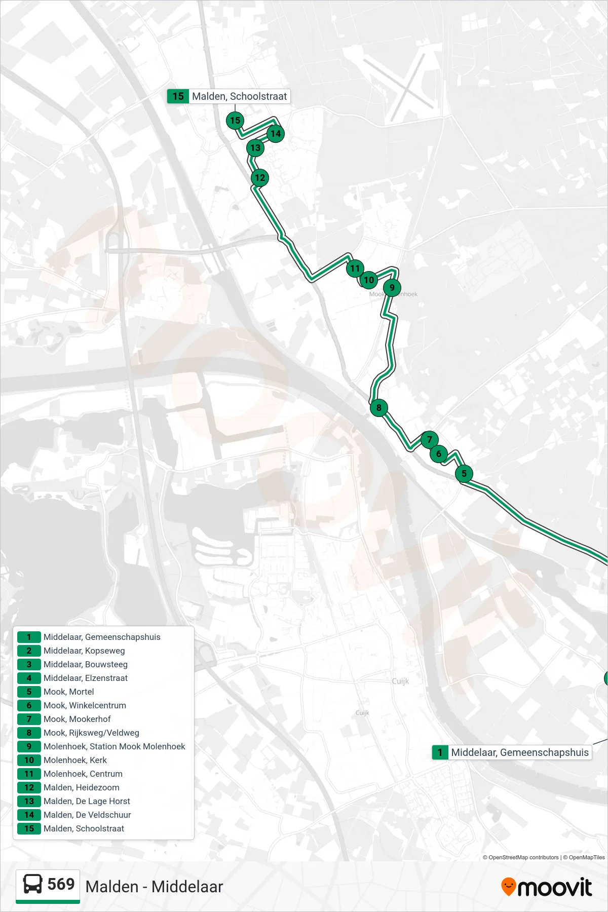 Lijn 569 (bus, Malden): route en haltes op de kaart