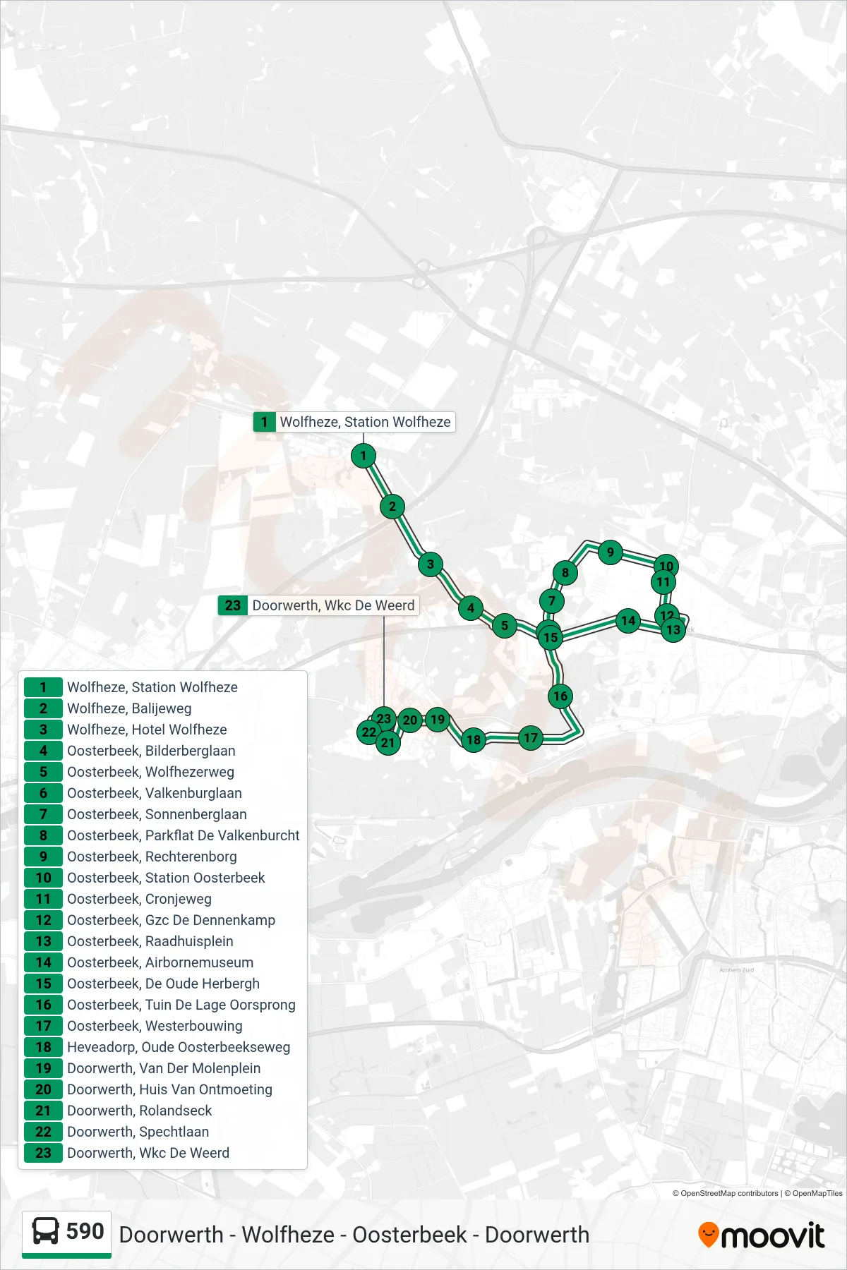 Lijn 590 (bus, Doorwerth Via Oosterbeek): route en haltes op de kaart