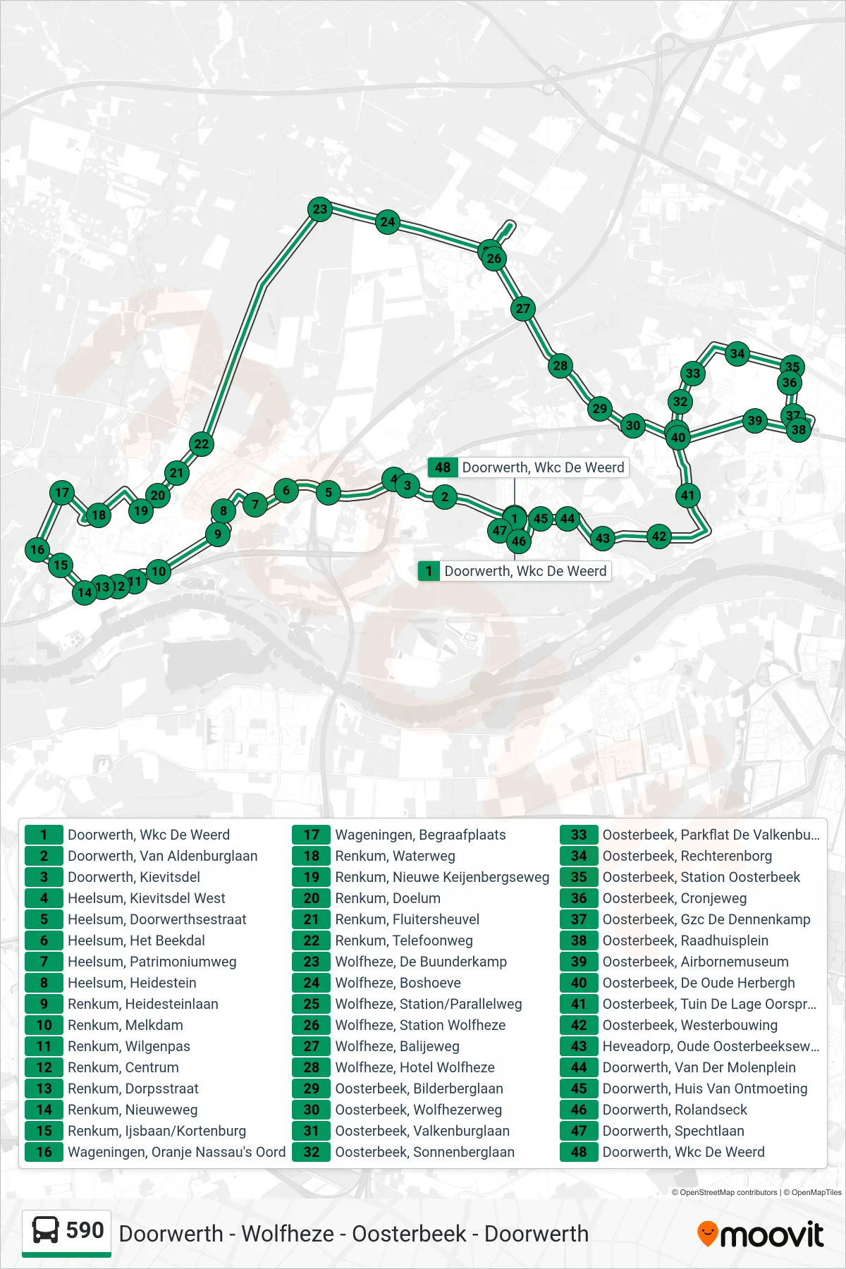 590 bus Line (Wolfheze) route and stops on a map