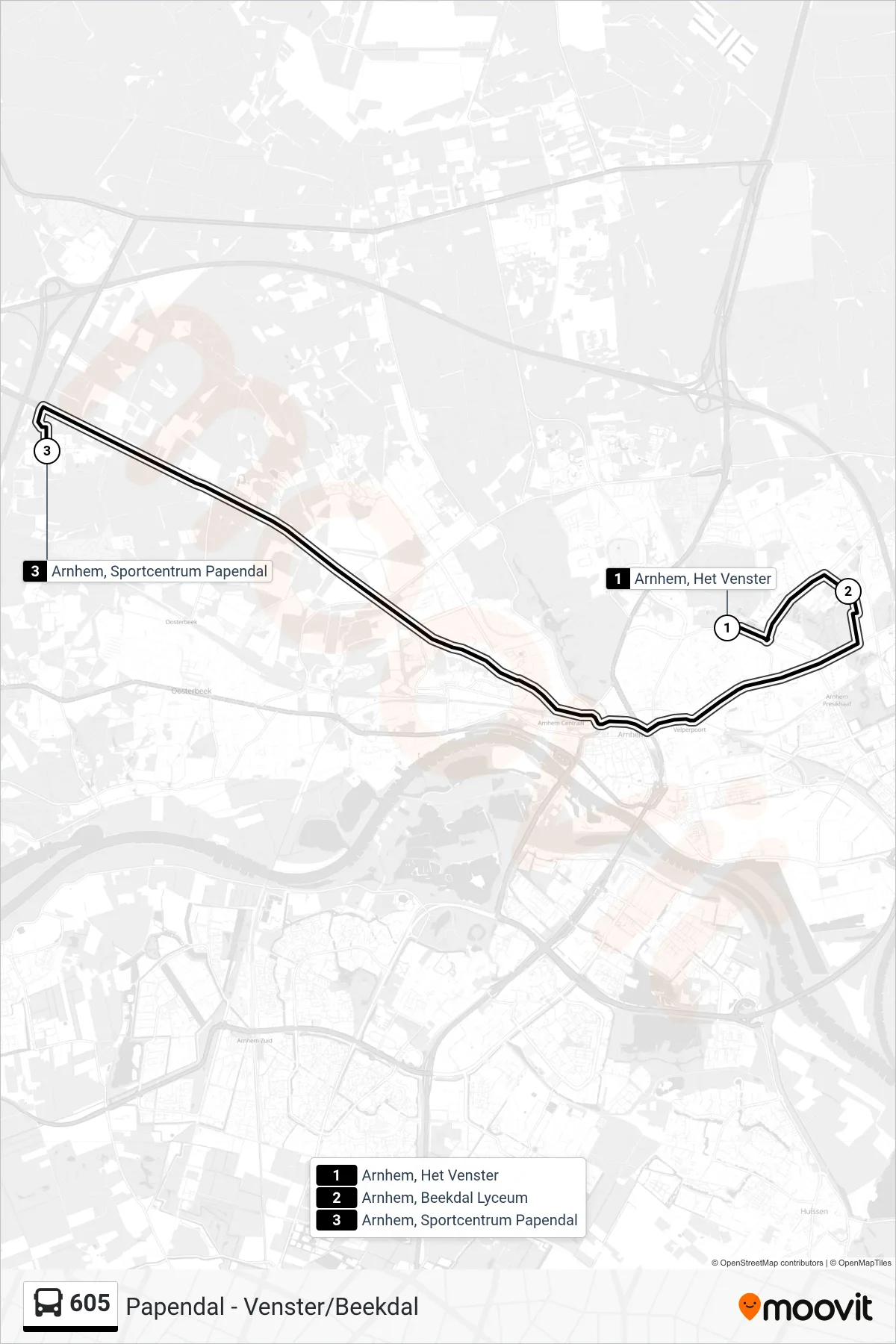 605 bus Line (Papendal) route and stops on a map