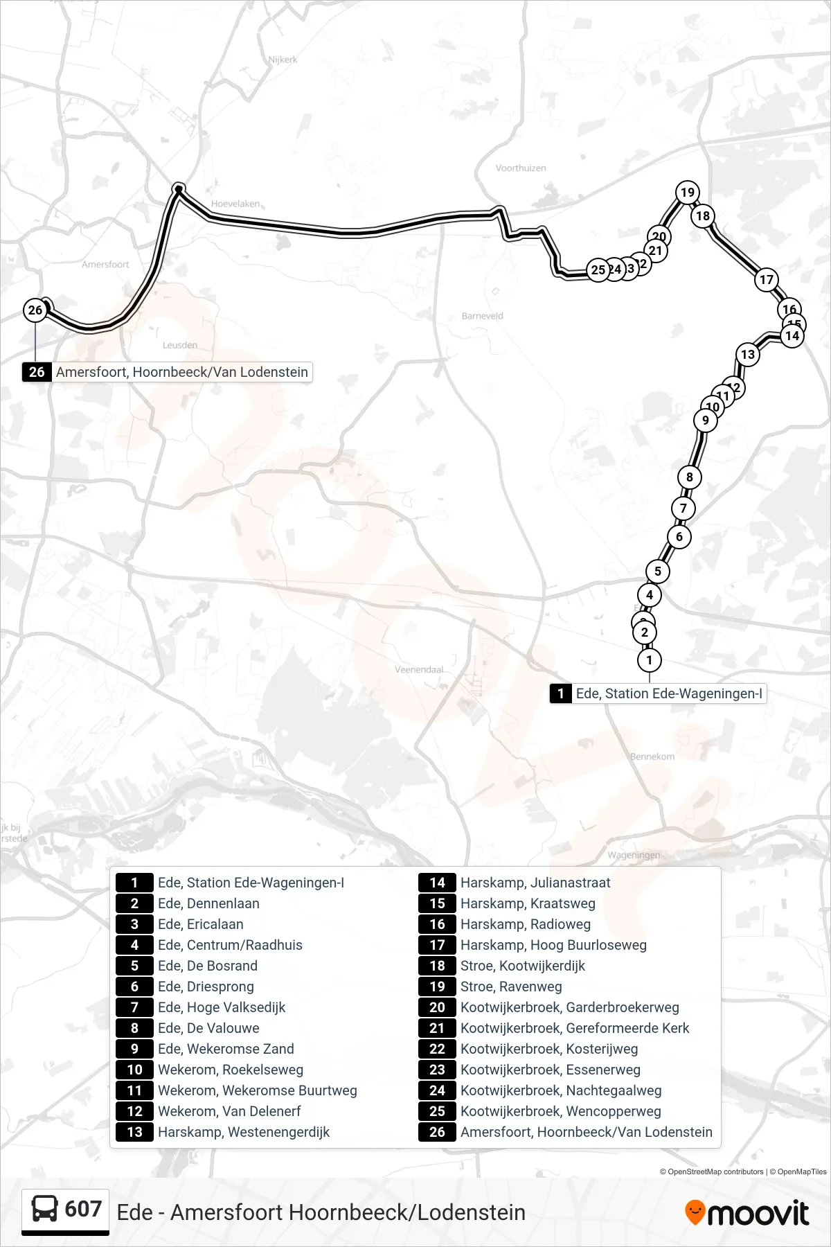 Lijn 607 (bus, Amersfoort Hoornbeeck/Lodenstein): route en haltes op de kaart