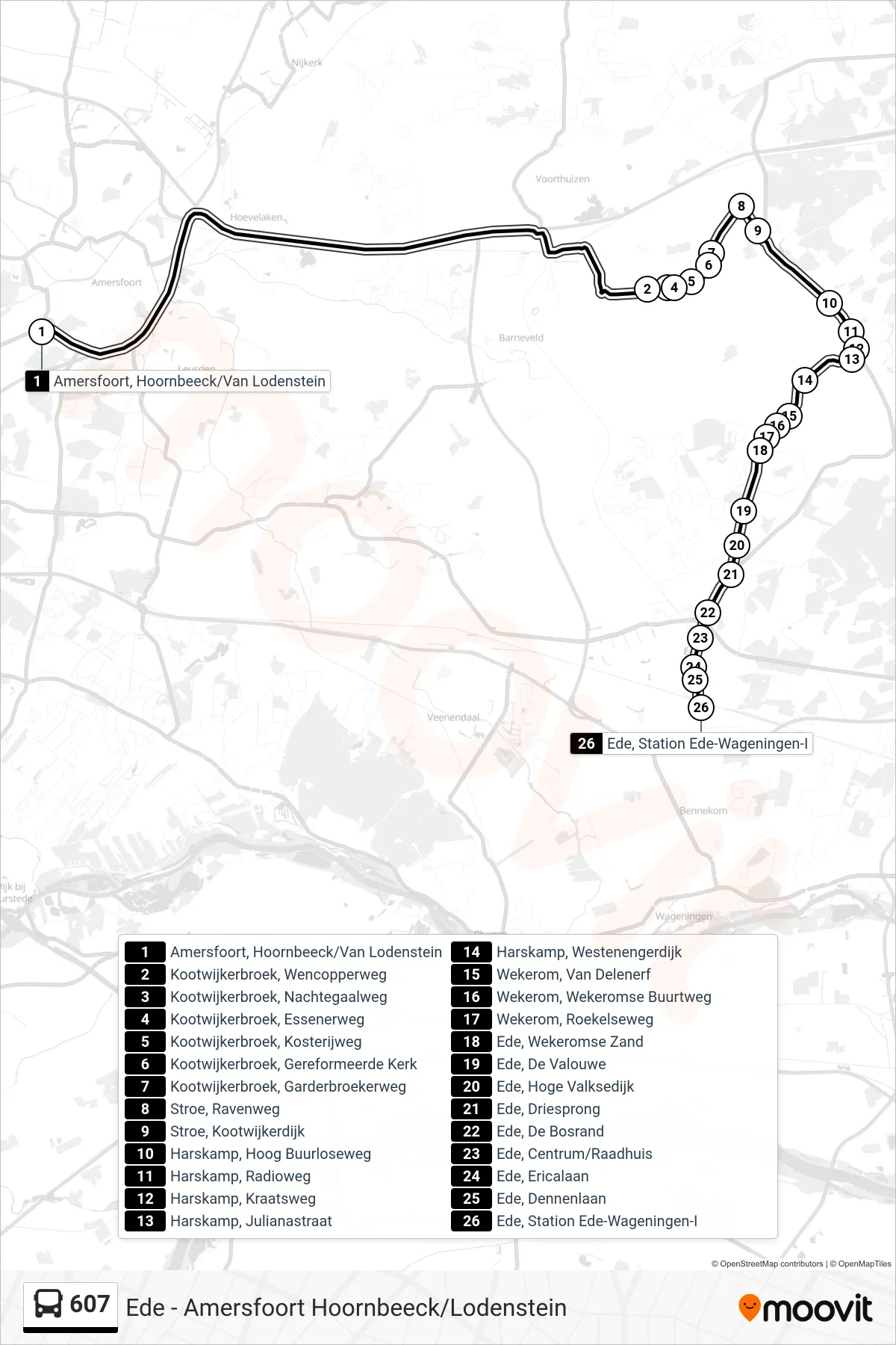 Lijn 607 (bus, Ede Station Ede-Wageningen): route en haltes op de kaart