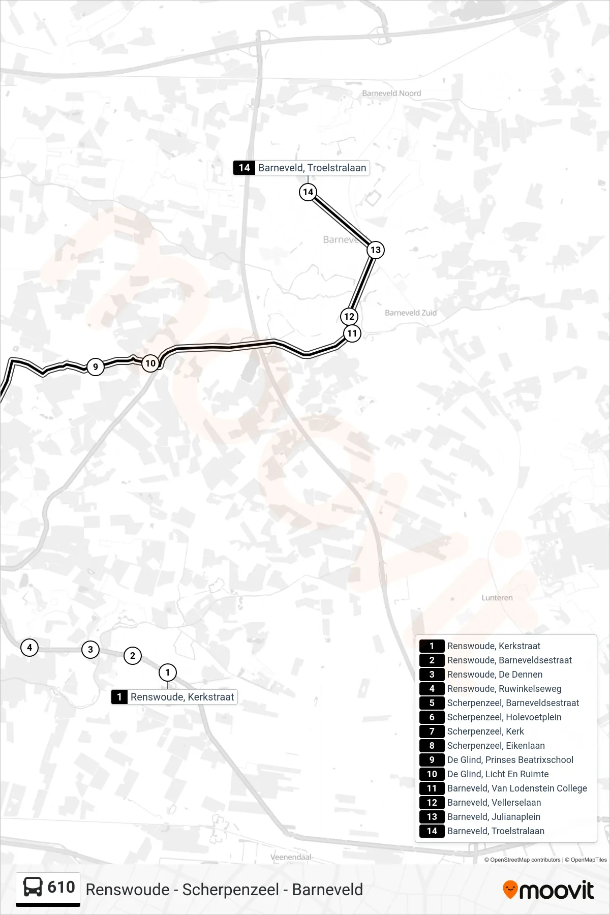 Lijn 610 (bus, Barneveld Troelstralaan): route en haltes op de kaart