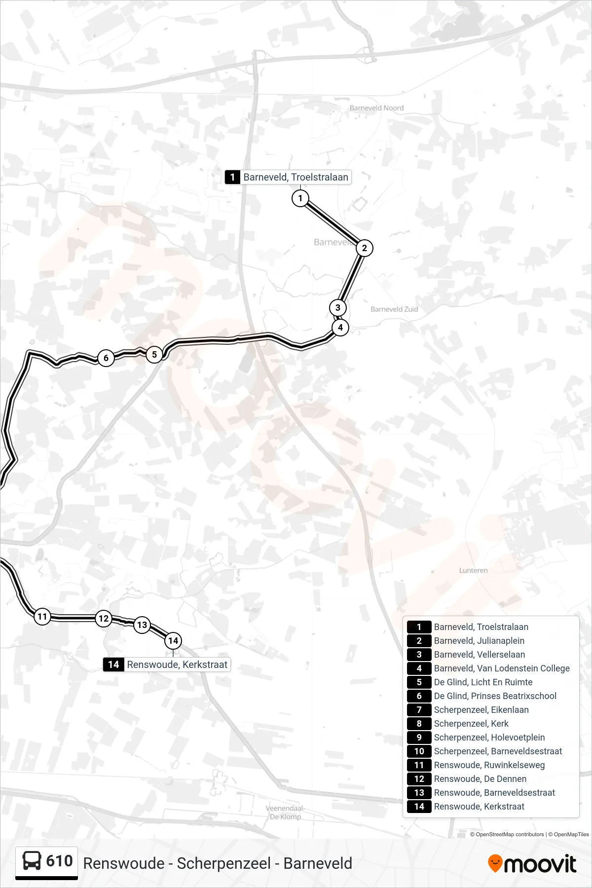 Lijn 610 (bus, Renswoude): route en haltes op de kaart