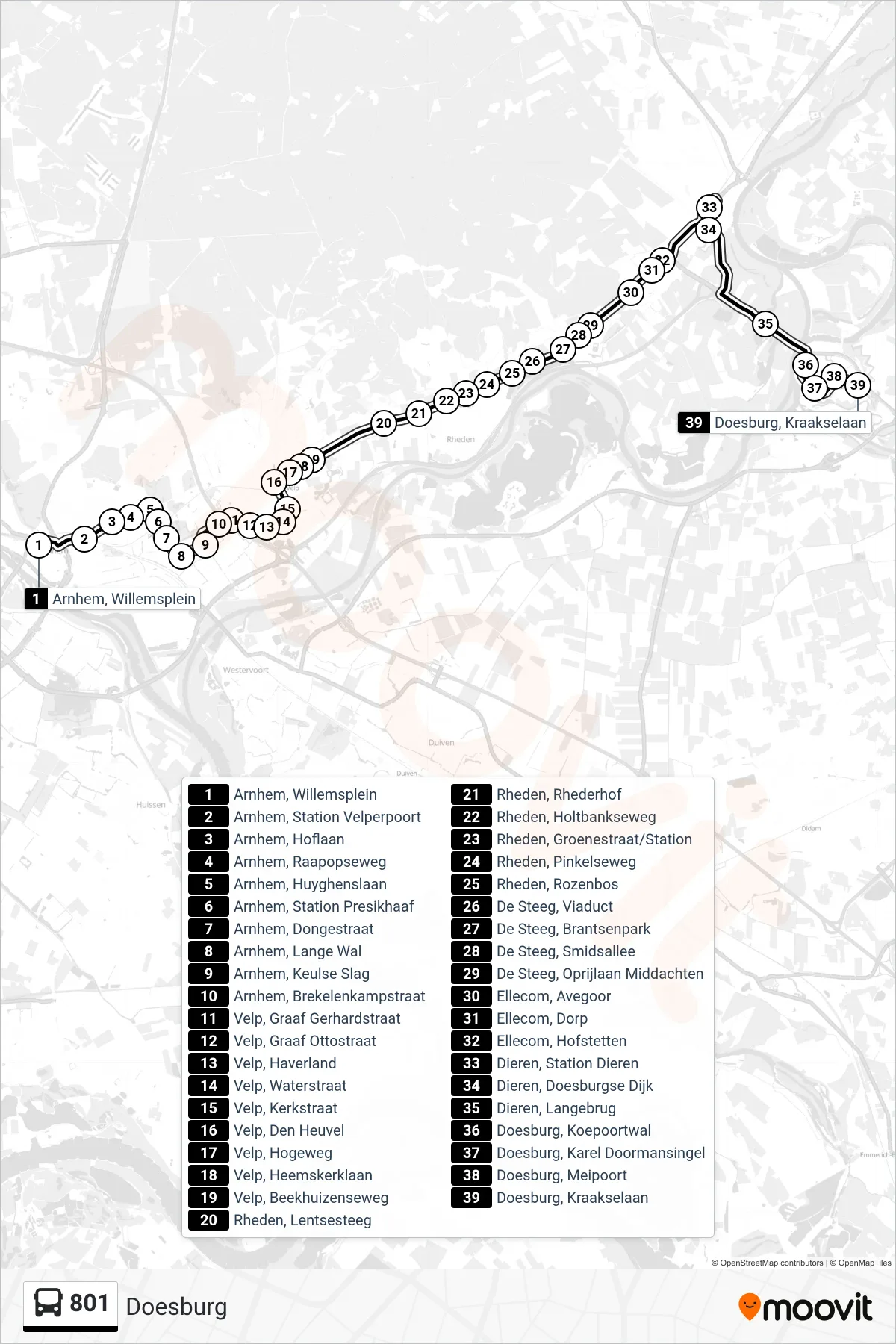 Lijn 801 (bus, Doesburg): route en haltes op de kaart