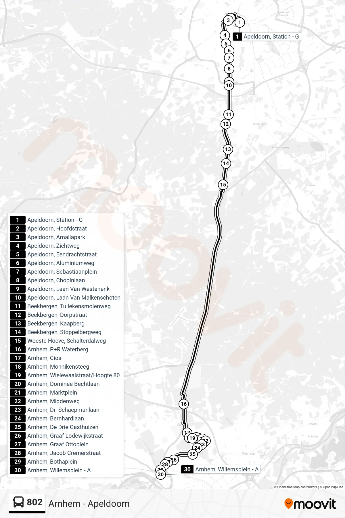 Lijn 802 (bus, Arnhem Willemsplein): route en haltes op de kaart