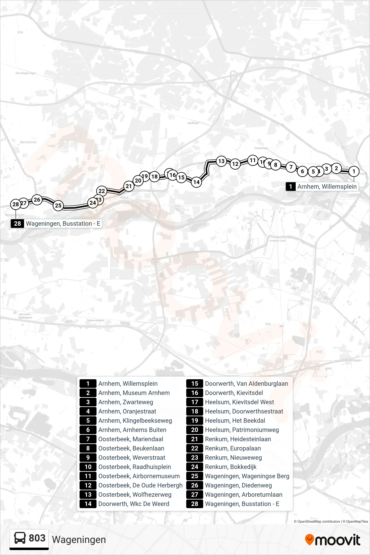 Lijn 803 (bus, Wageningen): route en haltes op de kaart